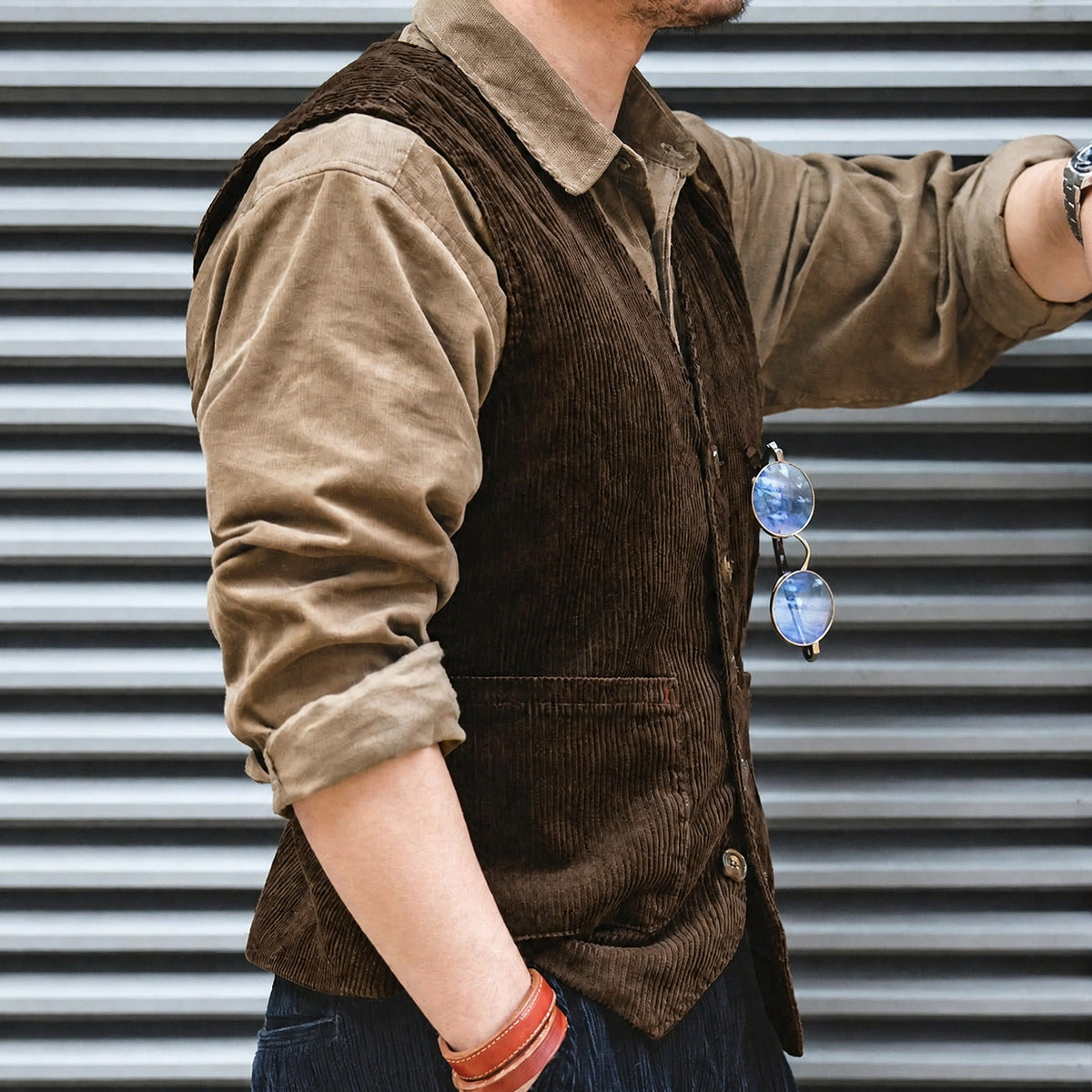 Charlie - Men's Vintage Textured Notch Lapel Jacket with Waistcoat Set - Blazers - Brown - Davies & Cooper