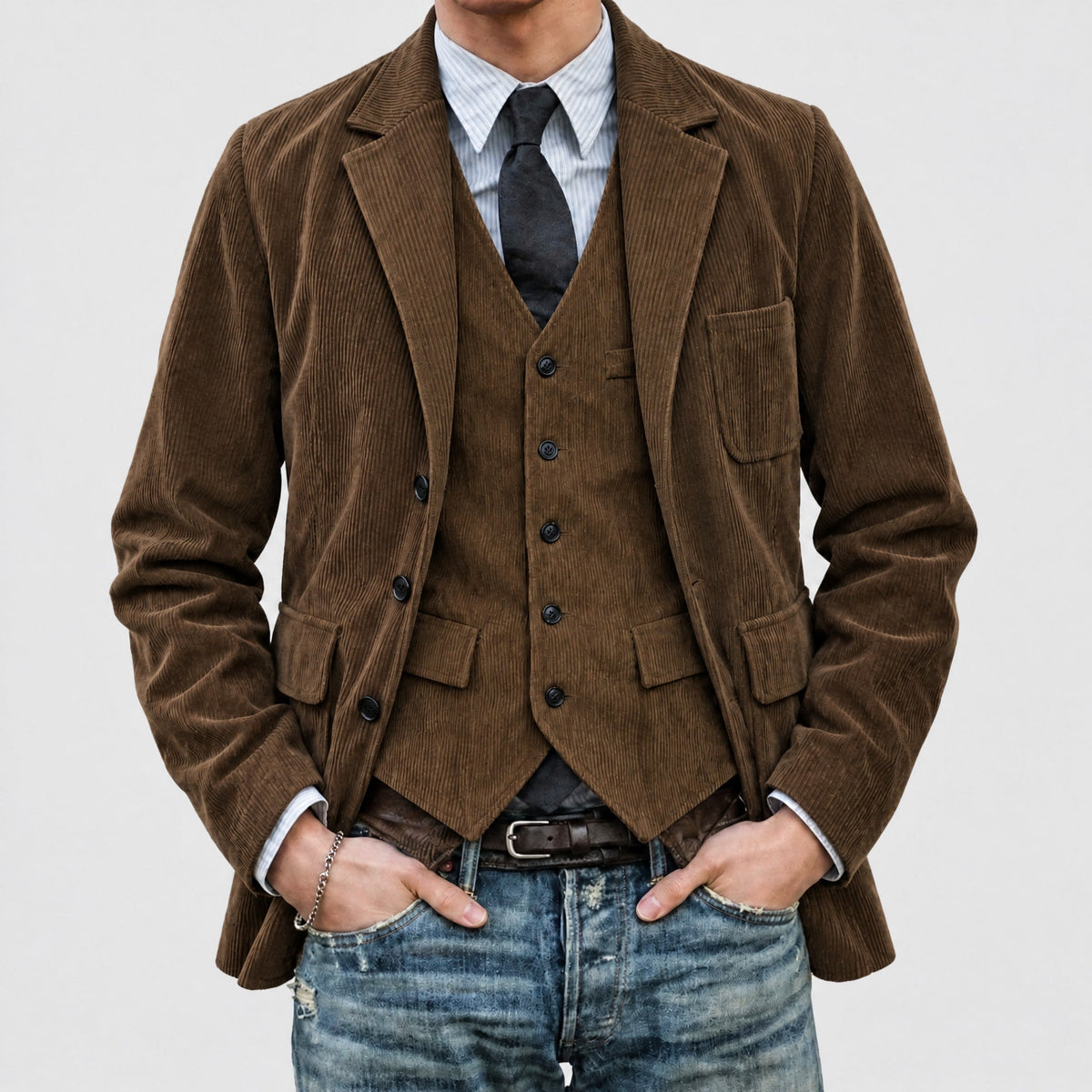 Charlie - Men's Vintage Textured Notch Lapel Jacket with Waistcoat Set - Blazers - Brown - Davies & Cooper