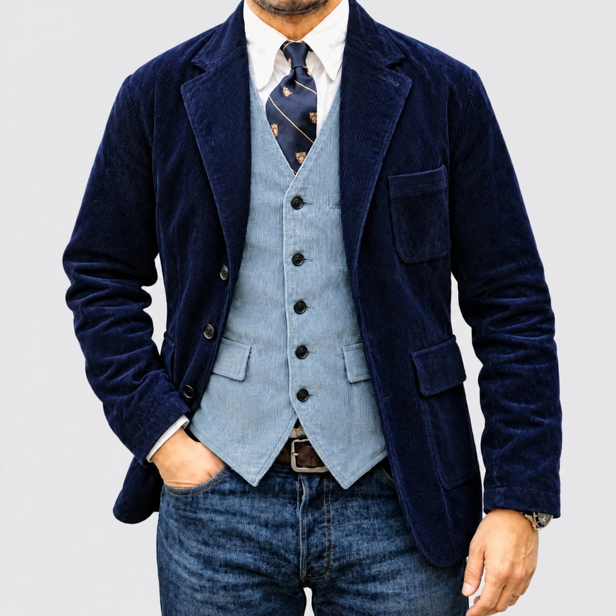 Charlie - Men's Vintage Textured Notch Lapel Jacket with Waistcoat Set - Blazers - Black - Davies & Cooper