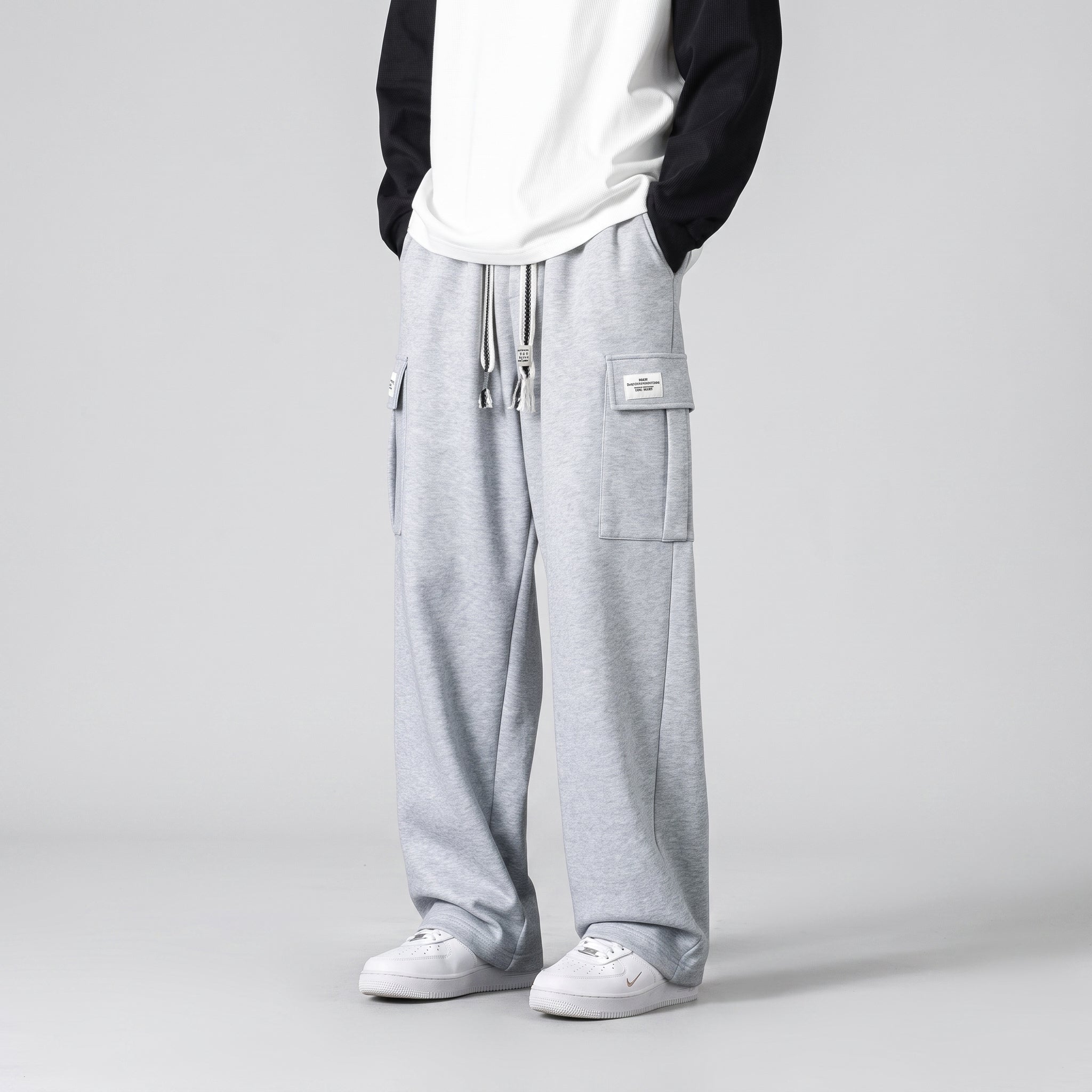 Charlie - Men's Wide-Leg Cargo Jogger Trousers with Drawstring Waist - Joggers - Light Grey - Davies & Cooper
