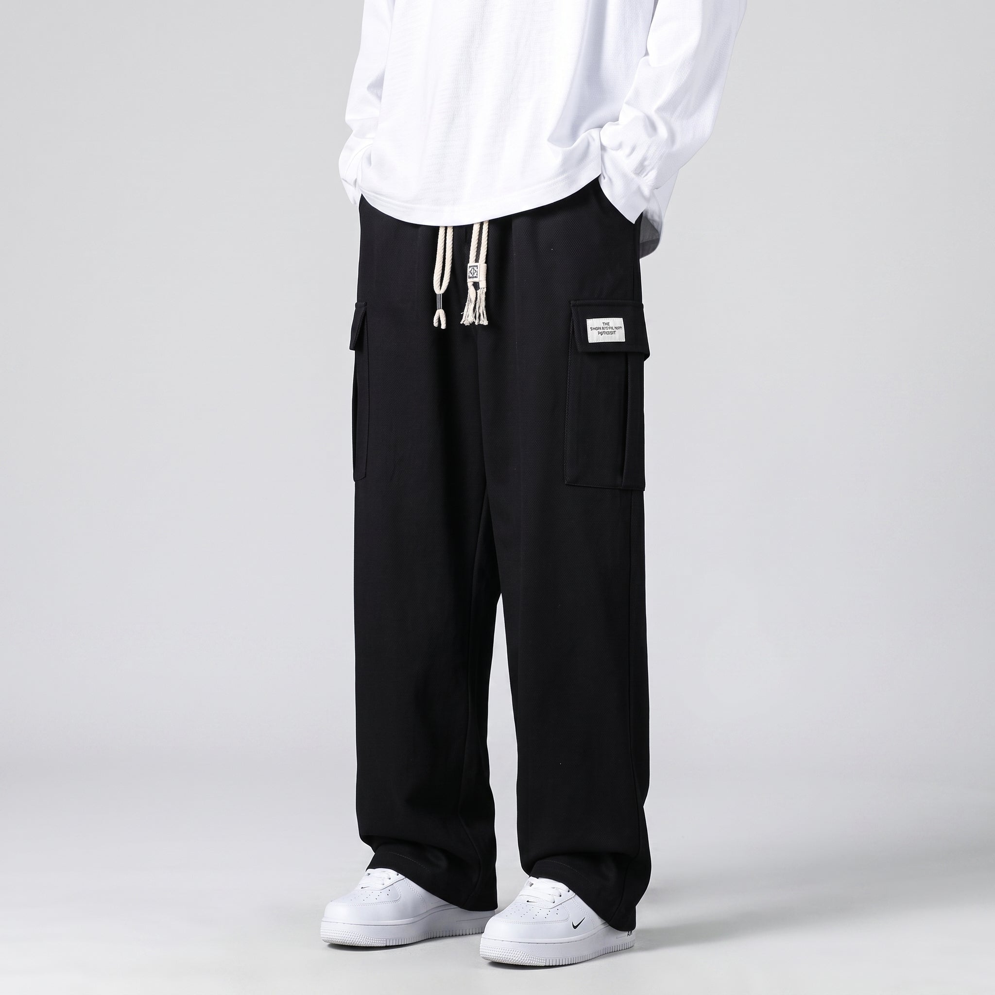 Charlie - Men's Wide-Leg Cargo Jogger Trousers with Drawstring Waist - Joggers - Black - Davies & Cooper