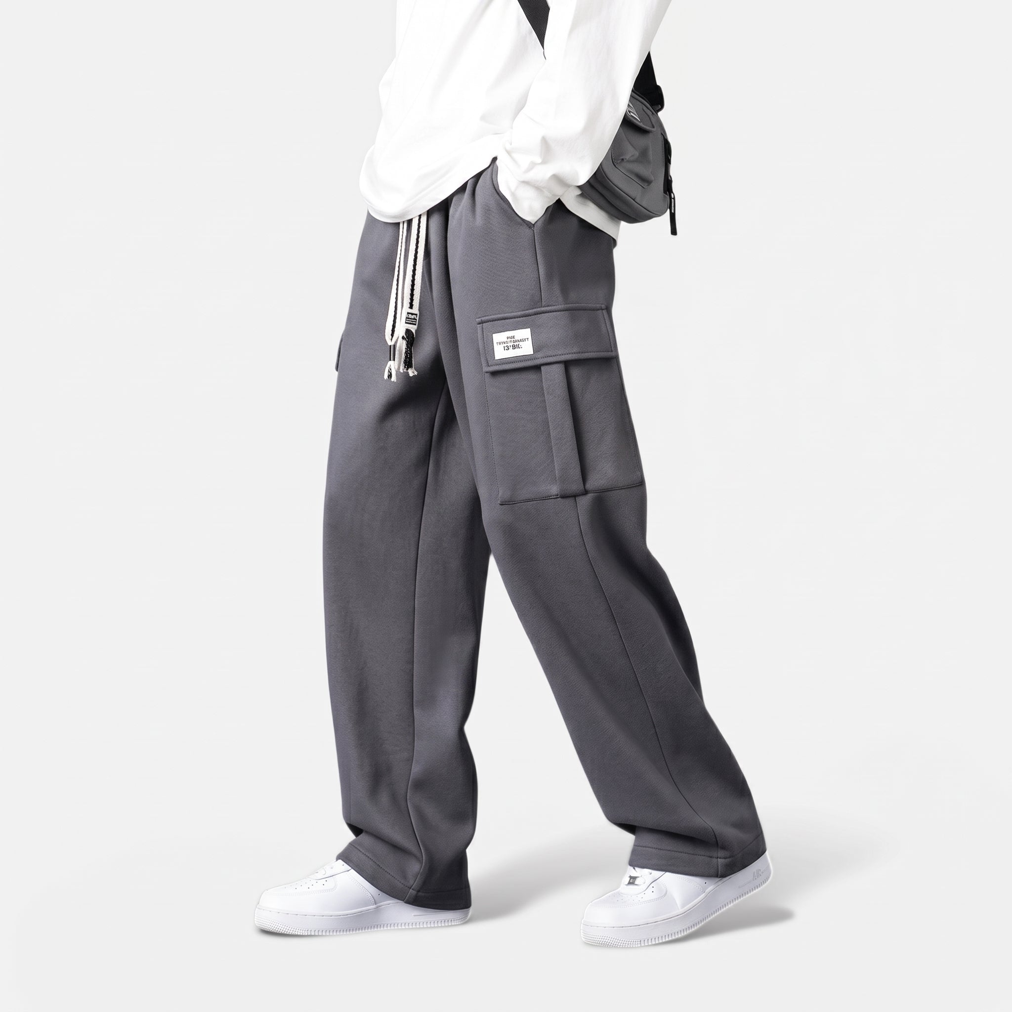 Charlie - Men's Wide-Leg Cargo Jogger Trousers with Drawstring Waist - Joggers - Dark Grey - Davies & Cooper
