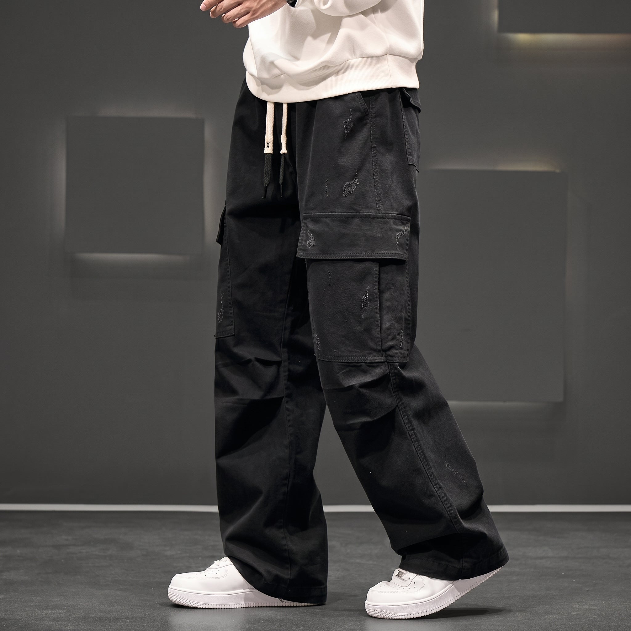 Charlie - Men's Wide-Leg Cargo Trousers with Drawstring Waist - Cargo Pants - Black - Davies & Cooper