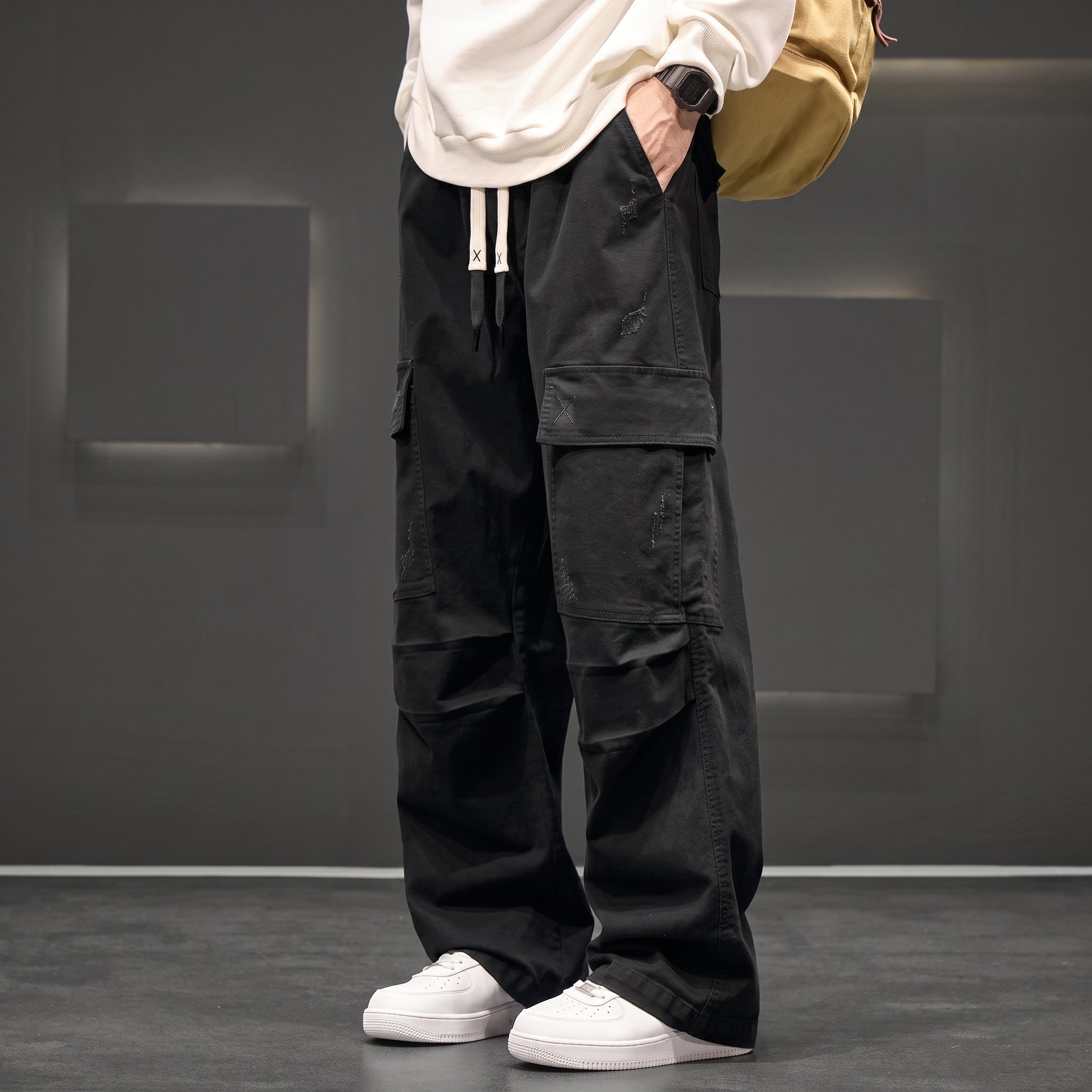 Charlie - Men's Wide-Leg Cargo Trousers with Drawstring Waist - Cargo Pants - Black - Davies & Cooper