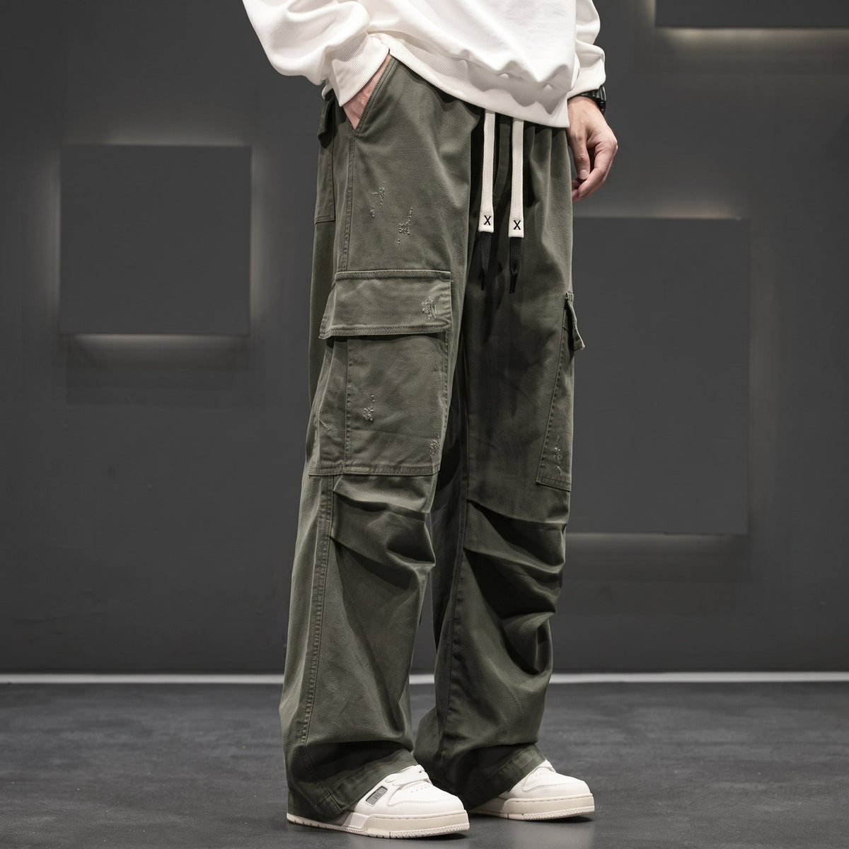 Charlie - Men's Wide-Leg Cargo Trousers with Drawstring Waist - Cargo Pants - Green - Davies & Cooper