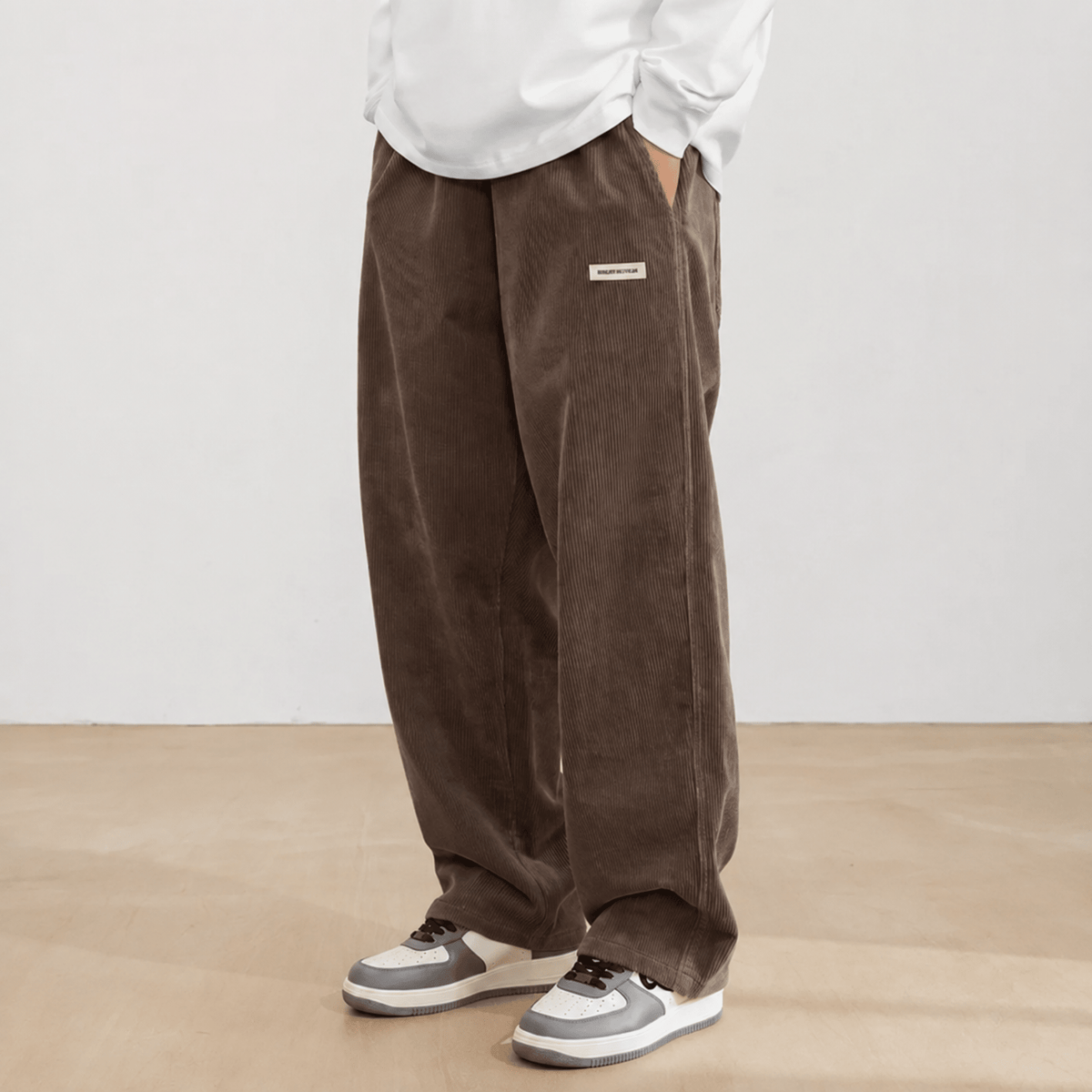 Charlie - Men's Wide-Leg Corduroy Trousers with Elasticated Waist - Trousers - Brown - Davies & Cooper