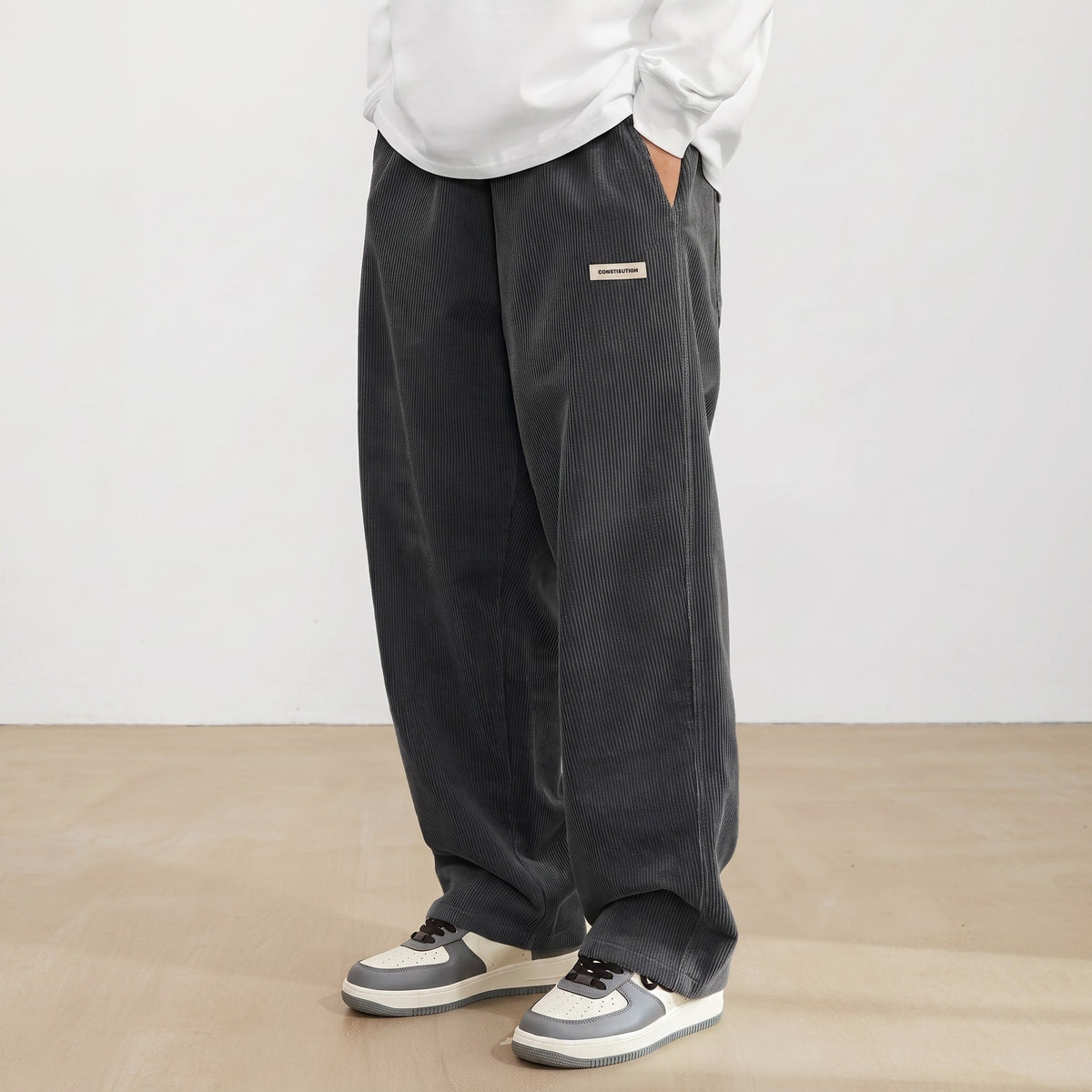 Charlie - Men's Wide-Leg Corduroy Trousers with Elasticated Waist - Trousers - Dark Grey - Davies & Cooper