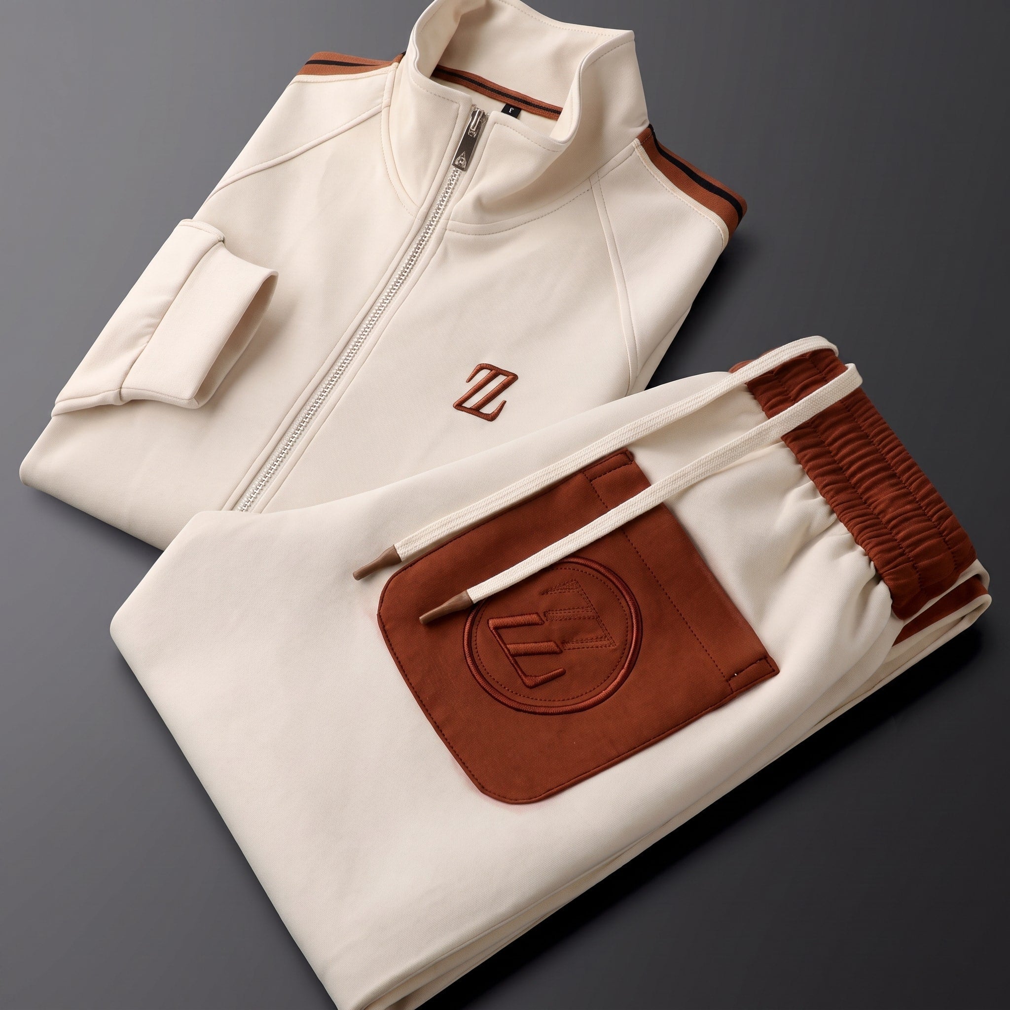 Charlie - Men's Zip-Up Tracksuit Set with Striped Panel Detail - Outfit Sets - Beige - Davies & Cooper