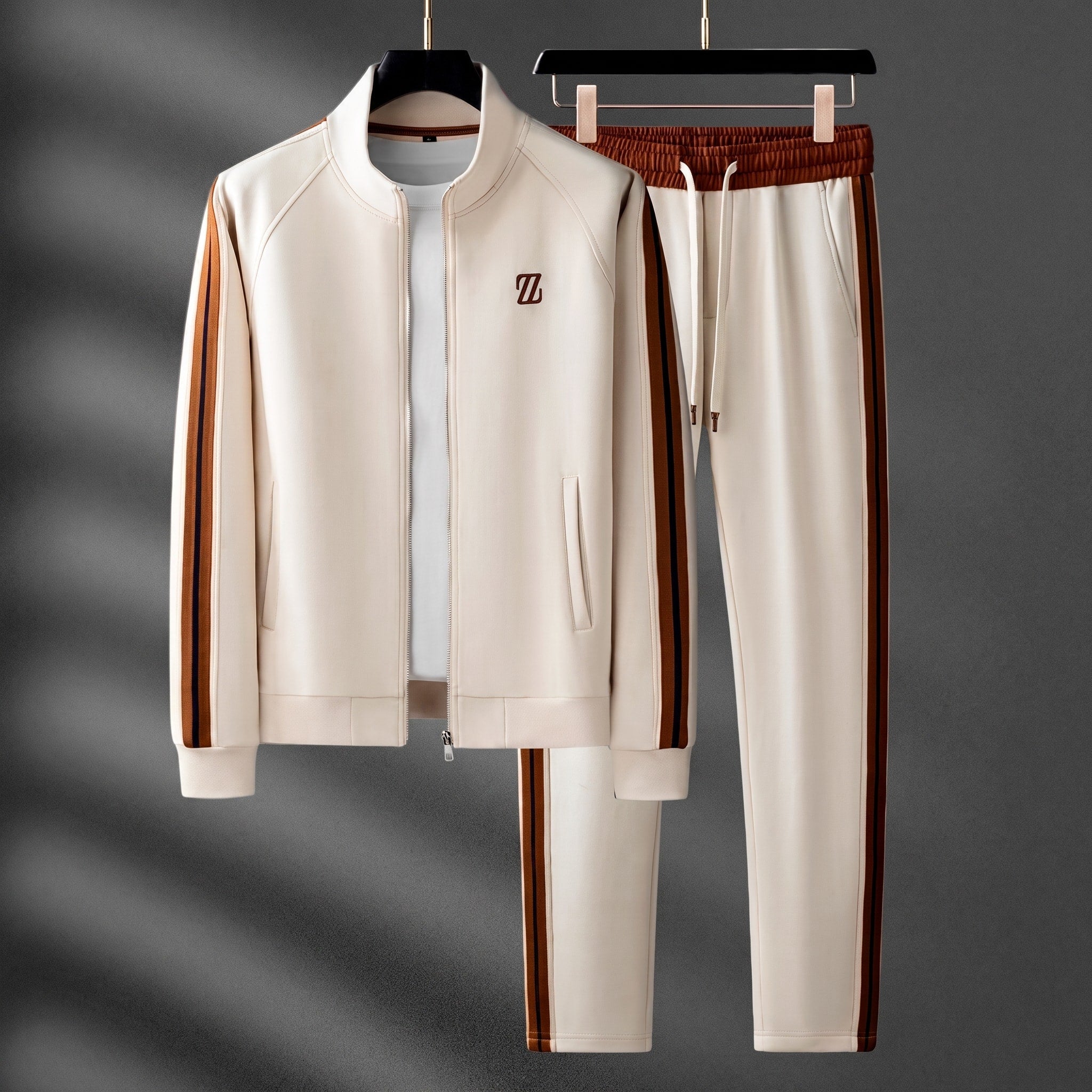 Charlie - Men's Zip-Up Tracksuit Set with Striped Panel Detail - Outfit Sets - Beige - Davies & Cooper