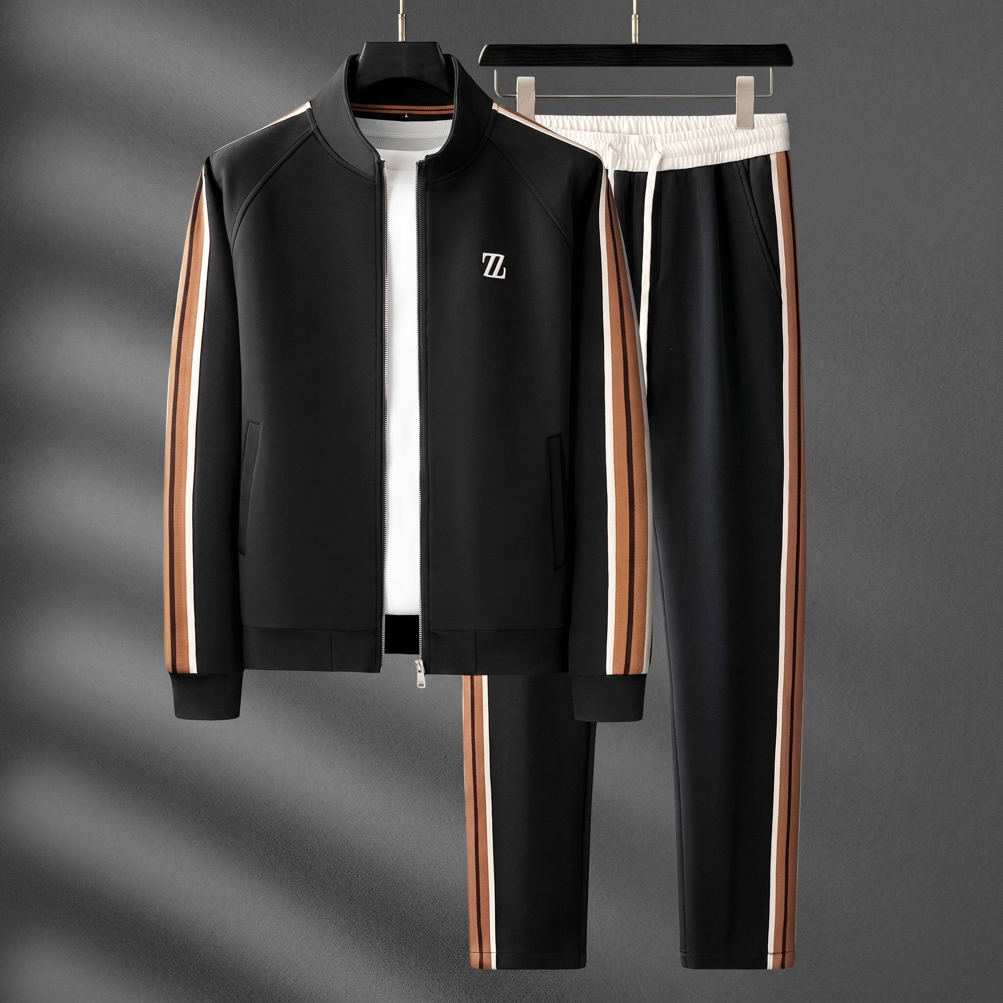 Charlie - Men's Zip-Up Tracksuit Set with Striped Panel Detail - Outfit Sets - Black - Davies & Cooper