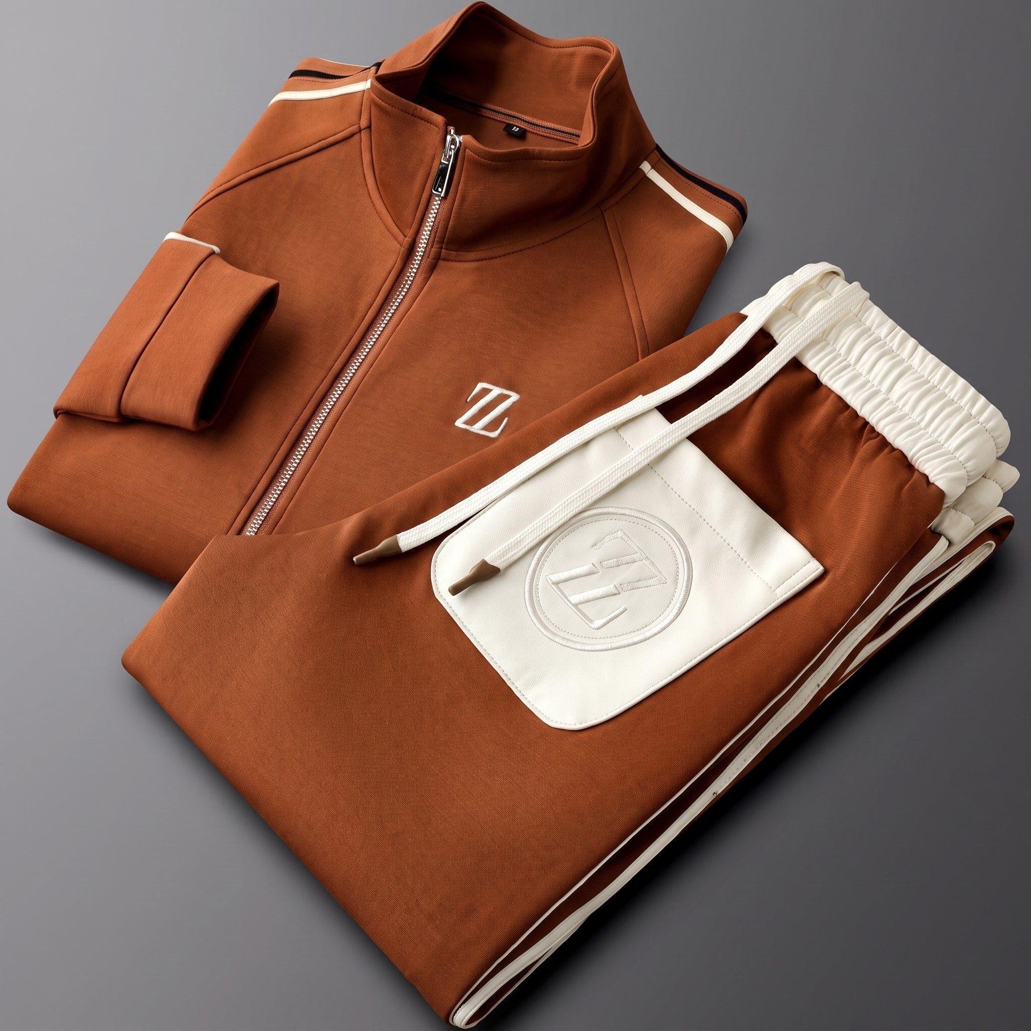 Charlie - Men's Zip-Up Tracksuit Set with Striped Panel Detail - Outfit Sets - Brown - Davies & Cooper