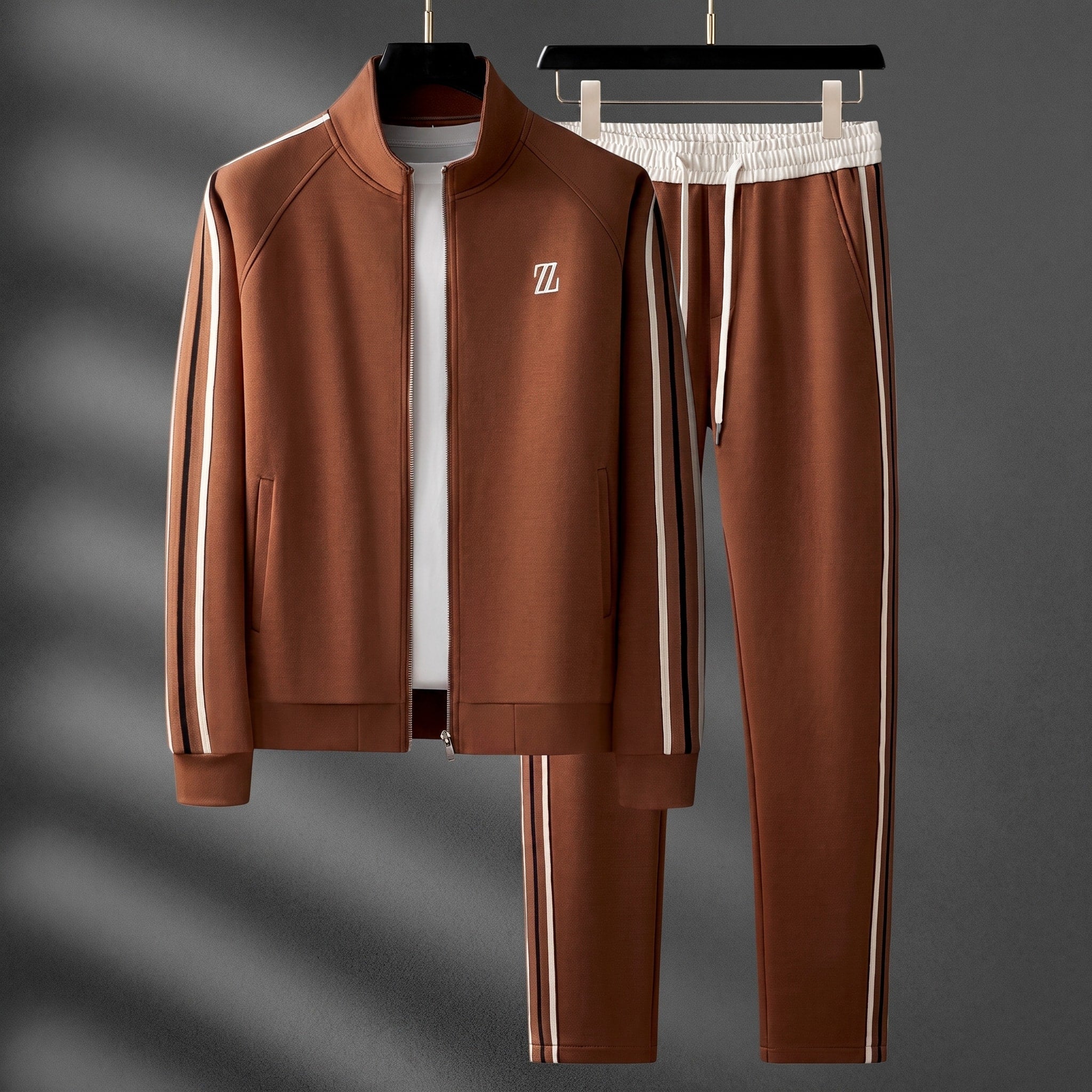 Charlie - Men's Zip-Up Tracksuit Set with Striped Panel Detail - Outfit Sets - Brown - Davies & Cooper