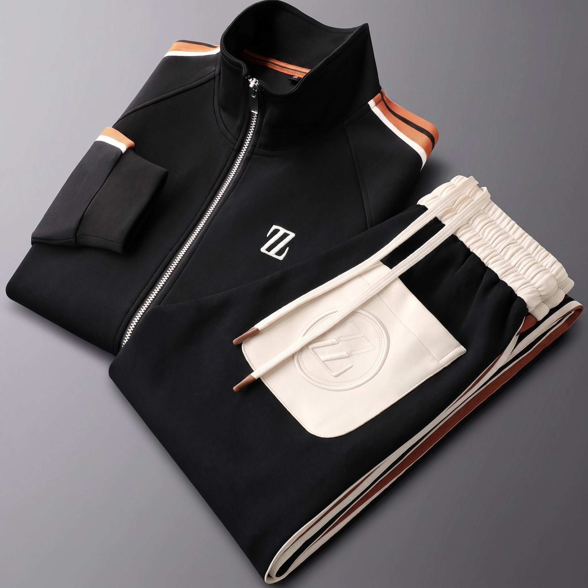 Charlie - Men's Zip-Up Tracksuit Set with Striped Panel Detail - Outfit Sets - Black - Davies & Cooper