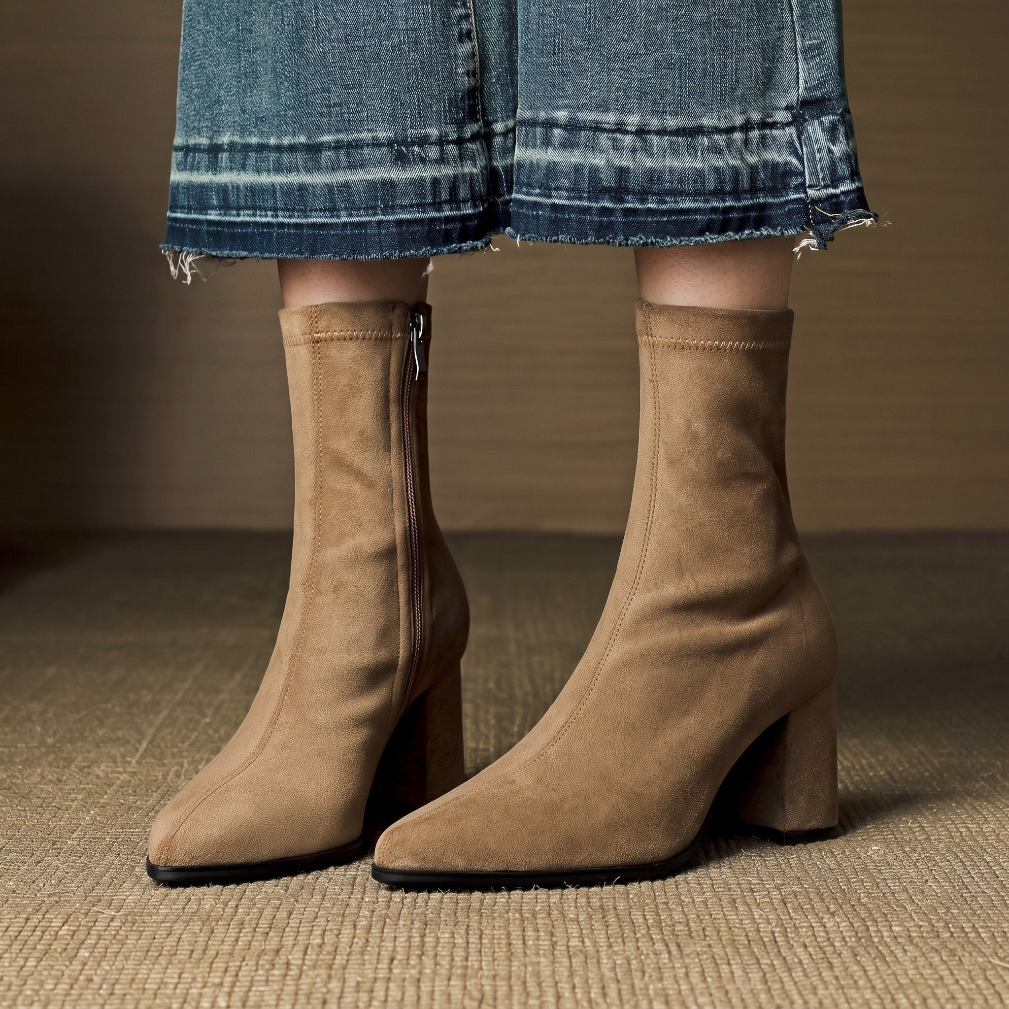 Charlotte - Women's Block Heel Ankle Boots with Pointed Toe - Boots - Beige - Davies & Cooper