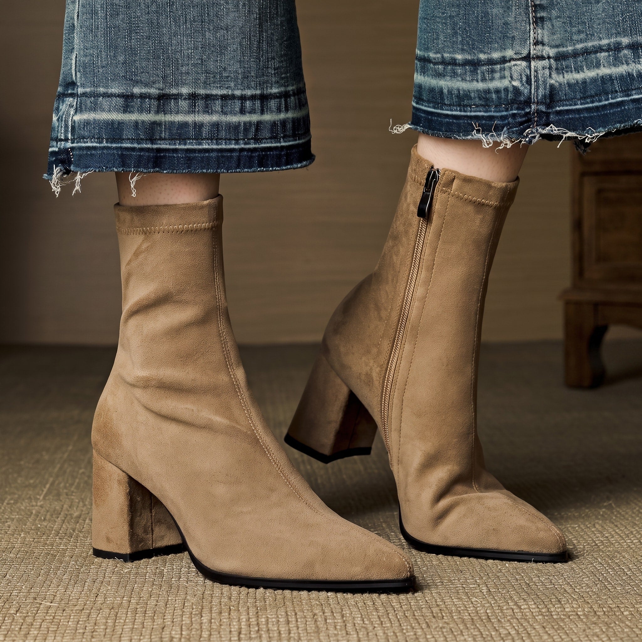 Charlotte - Women's Block Heel Ankle Boots with Pointed Toe - Boots - Beige - Davies & Cooper