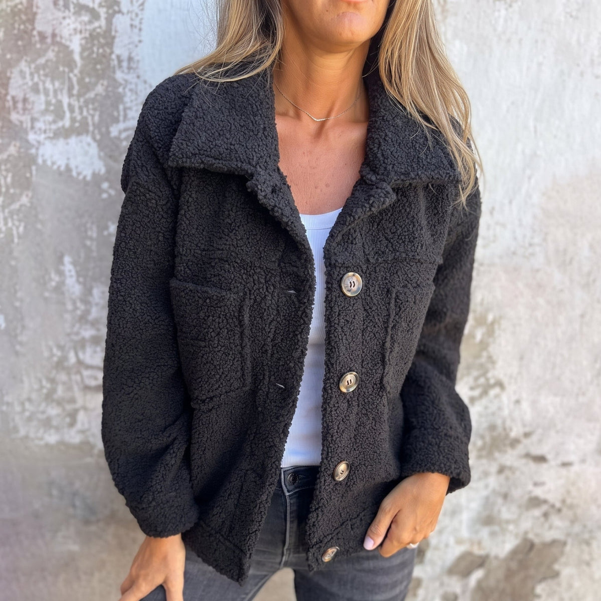 Charlotte - Women's Boxy Textured Shirt Jacket with Chest Pockets - Jackets - Black - Davies & Cooper