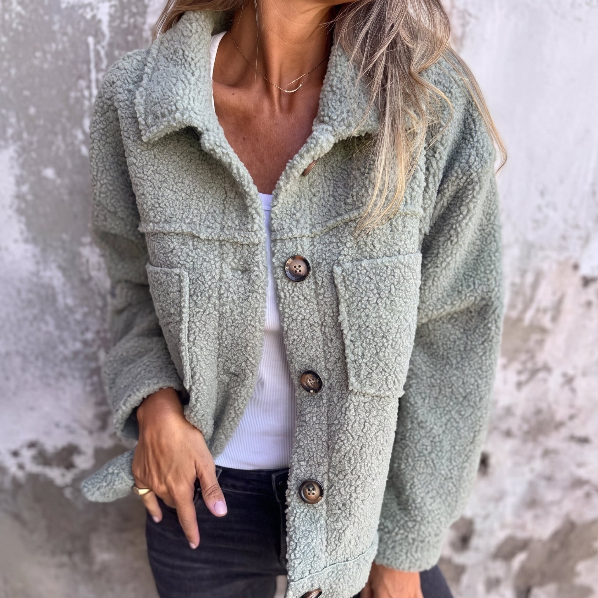 Charlotte - Women's Boxy Textured Shirt Jacket with Chest Pockets - Jackets - Green - Davies & Cooper