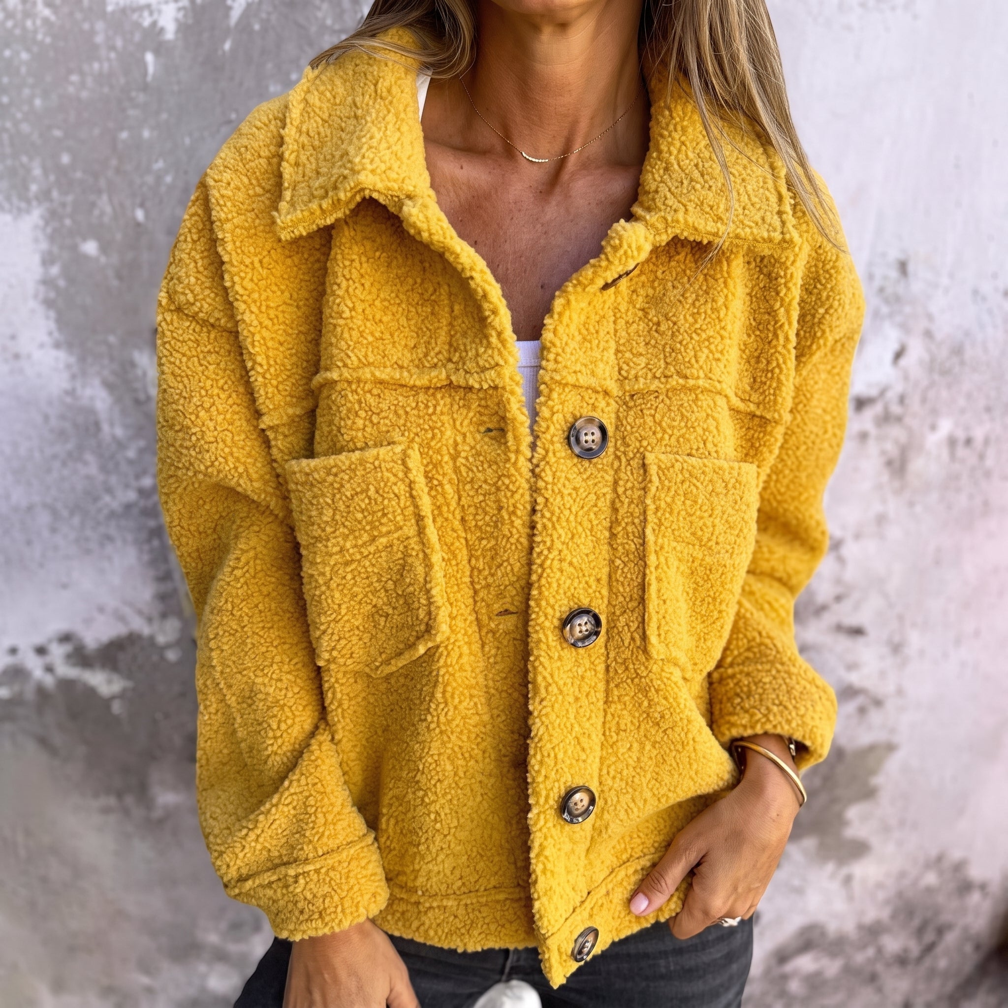 Charlotte - Women's Boxy Textured Shirt Jacket with Chest Pockets - Jackets - Yellow - Davies & Cooper