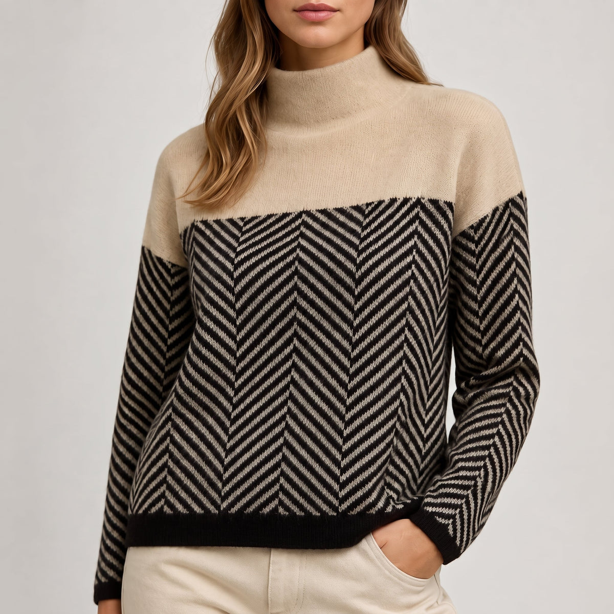 Charlotte - Women's Chevron Turtleneck Jumper with Colour-Block Design - Sweaters - Beige - Davies & Cooper