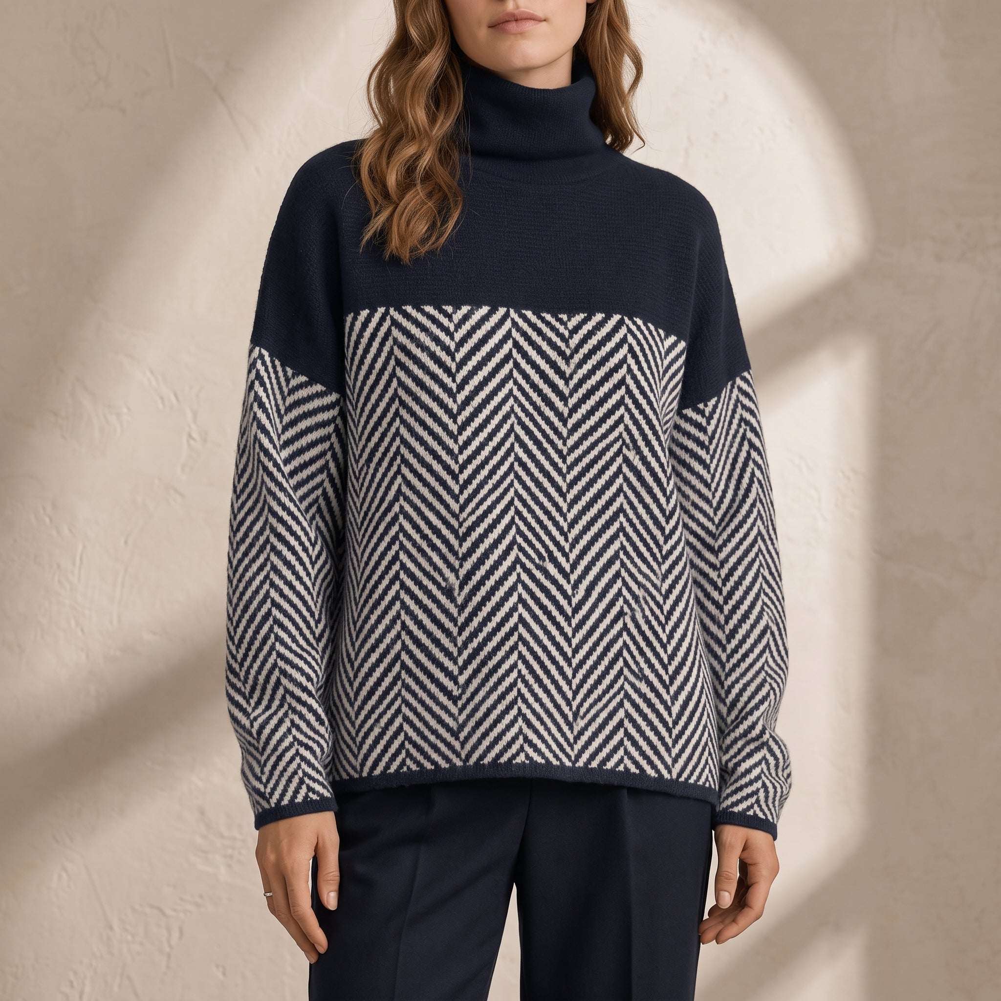 Charlotte - Women's Chevron Turtleneck Jumper with Colour-Block Design - Sweaters - Navy Blue - Davies & Cooper