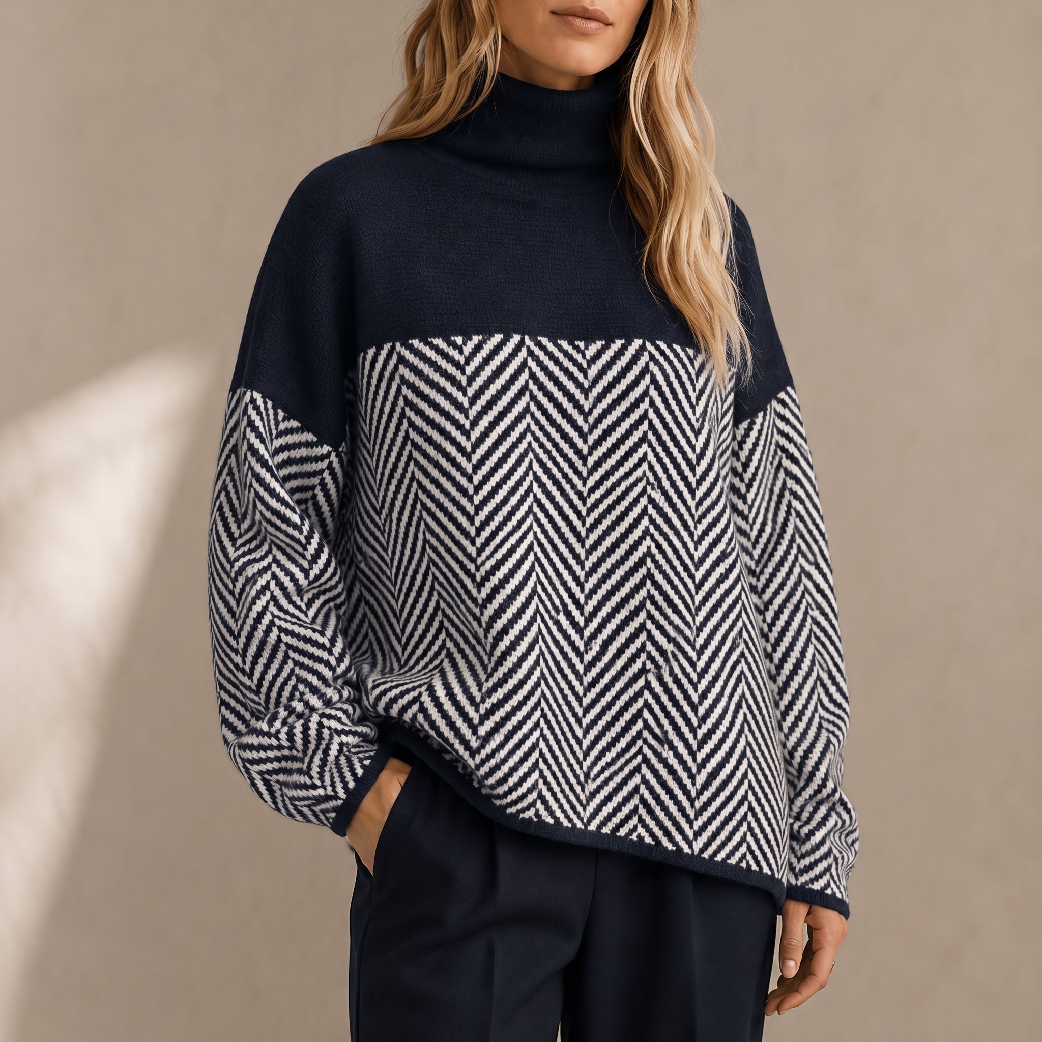 Charlotte - Women's Chevron Turtleneck Jumper with Colour-Block Design - Sweaters - Navy Blue - Davies & Cooper
