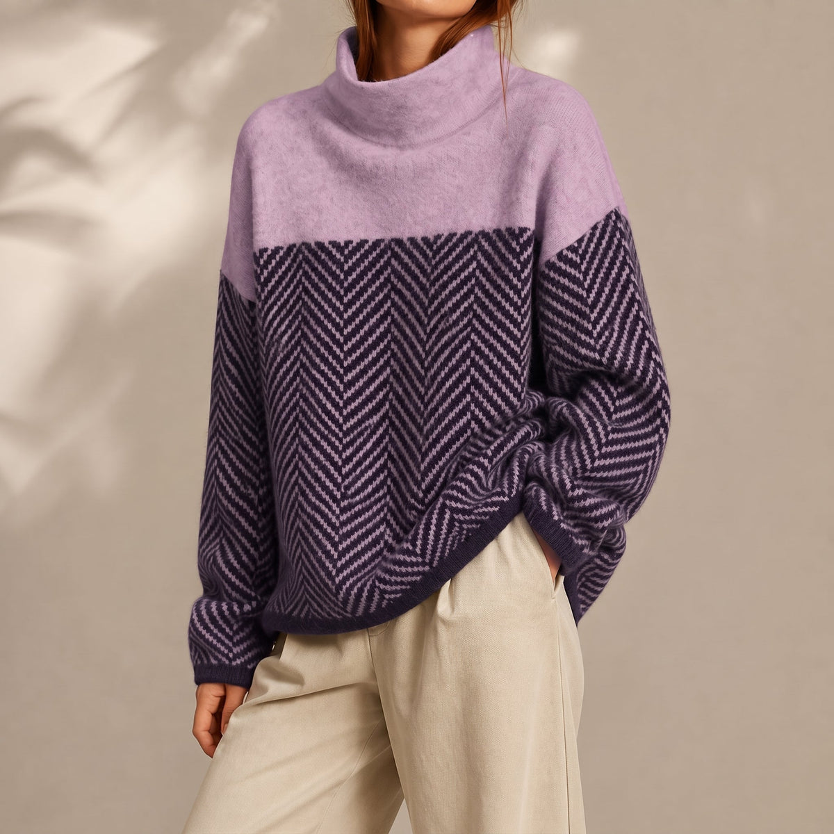 Charlotte - Women's Chevron Turtleneck Jumper with Colour-Block Design - Sweaters - Purple - Davies & Cooper