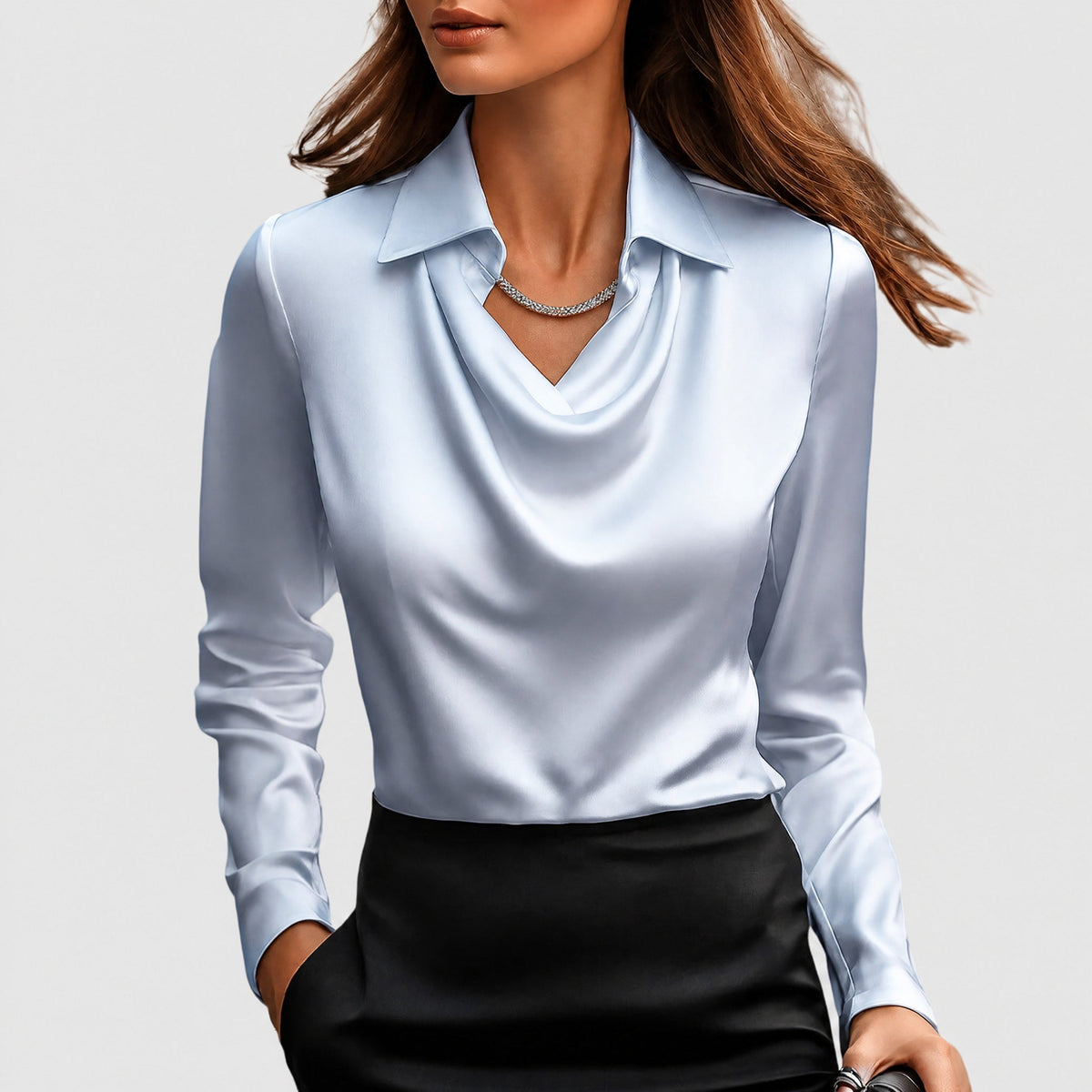 Charlotte - Women's Cowl Neck Blouse with Draped Collar - Blouses - Light Blue - Davies & Cooper