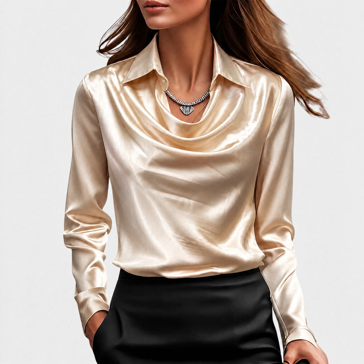 Charlotte - Women's Cowl Neck Blouse with Draped Collar - Blouses - Beige - Davies & Cooper
