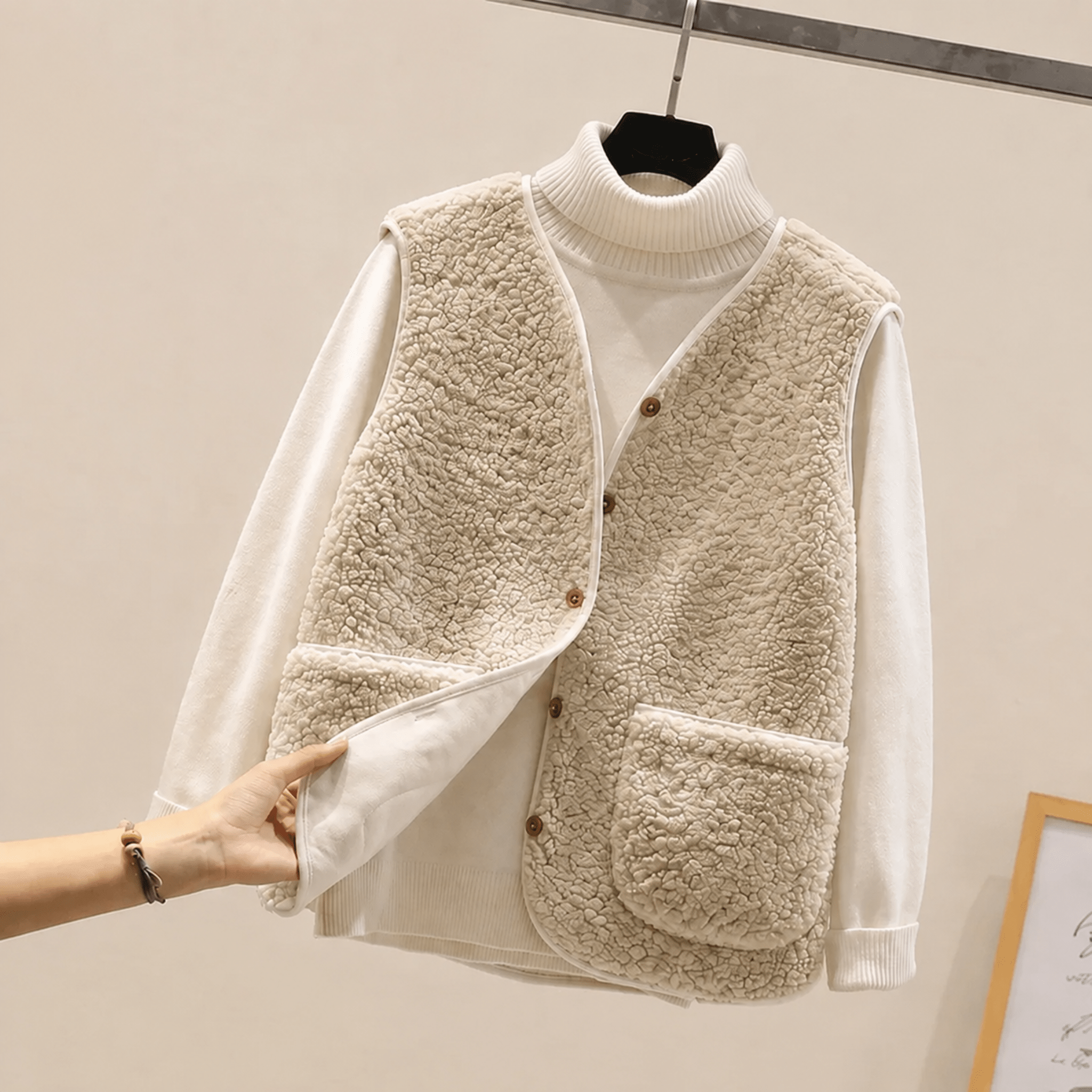 Charlotte - Women's Cropped Collarless Textured Gilet - Vests - Cream - Davies & Cooper