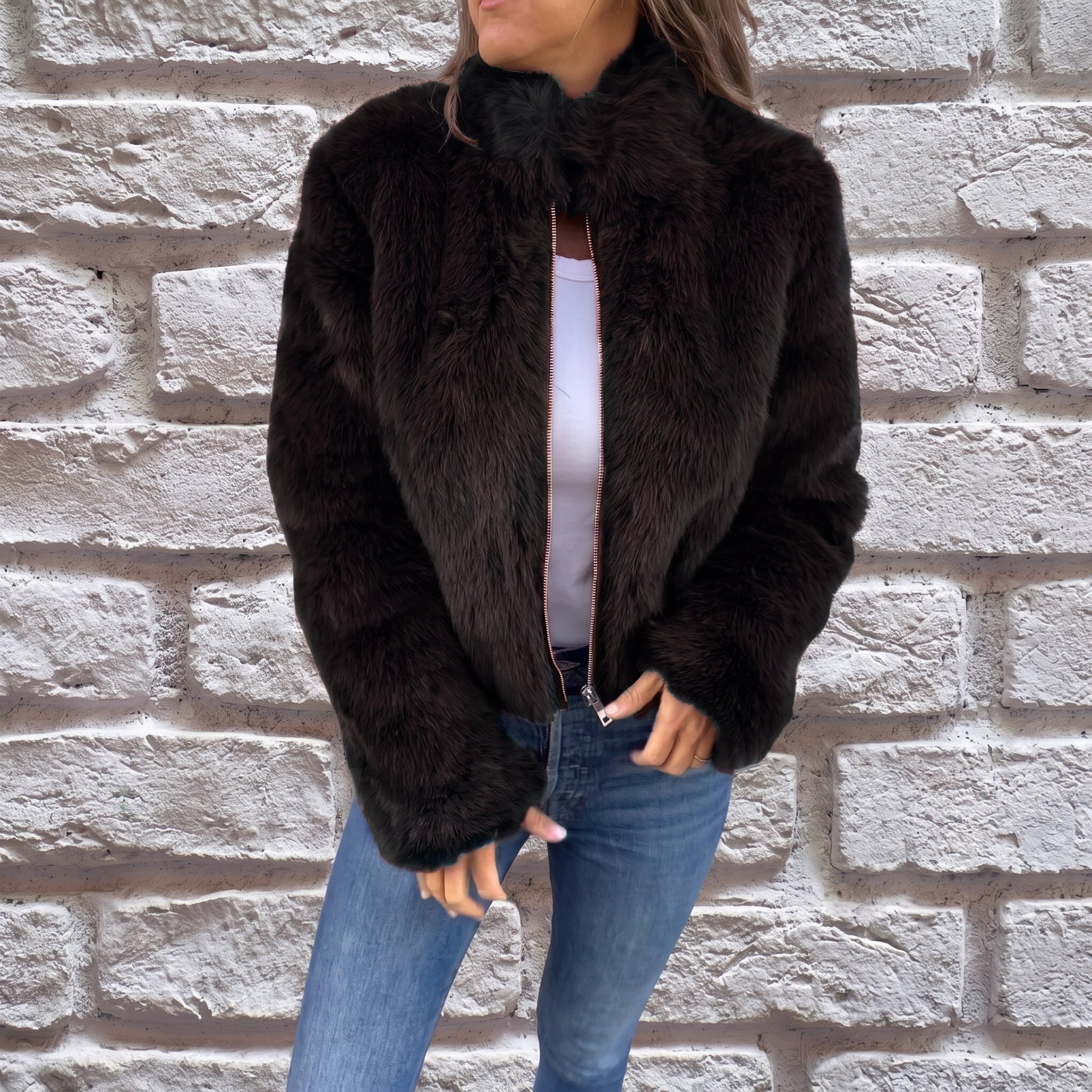 Charlotte - Women's Cropped Fluffy Jacket with Stand Collar - Wrap Coat - Black - Davies & Cooper