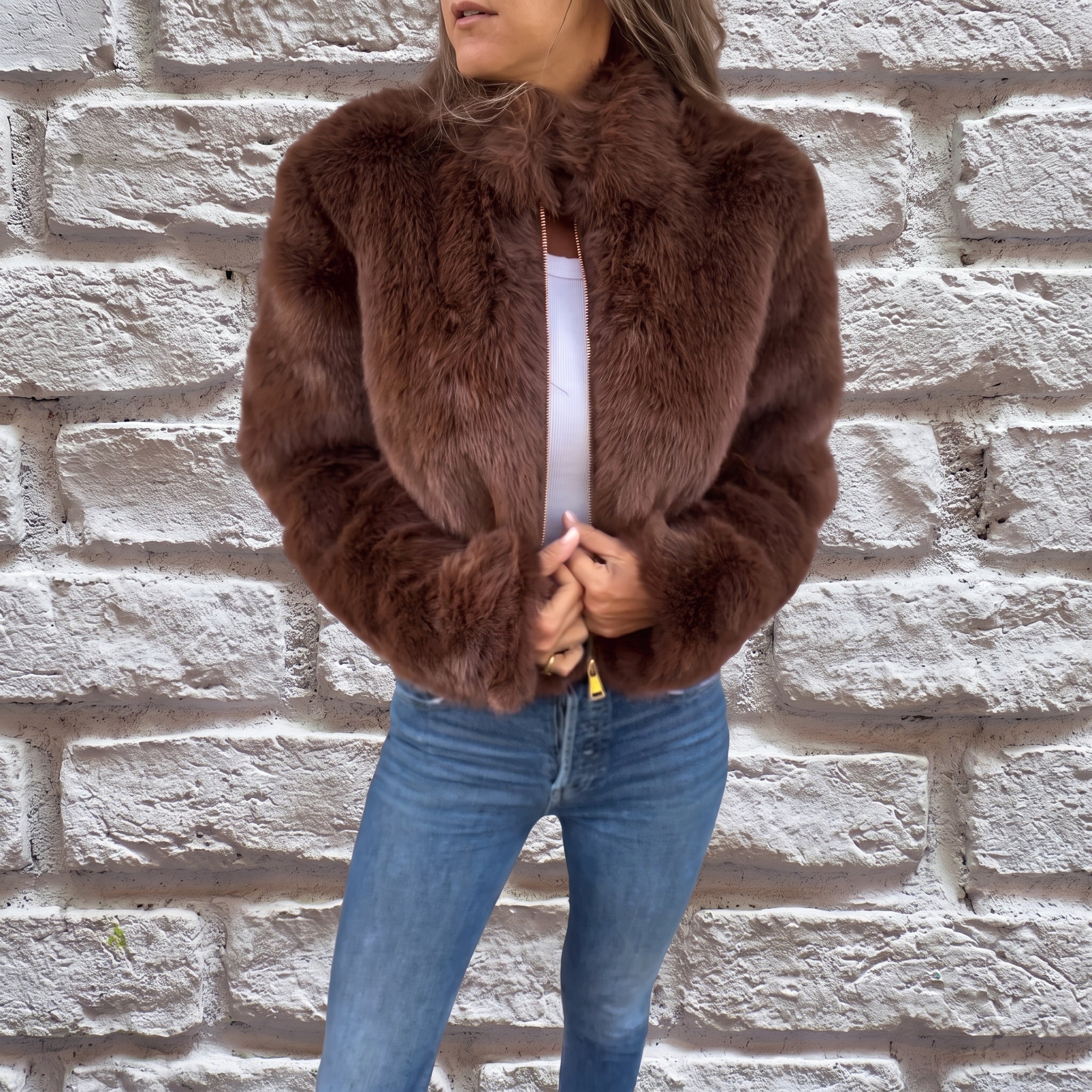 Charlotte - Women's Cropped Fluffy Jacket with Stand Collar - Wrap Coat - Brown - Davies & Cooper