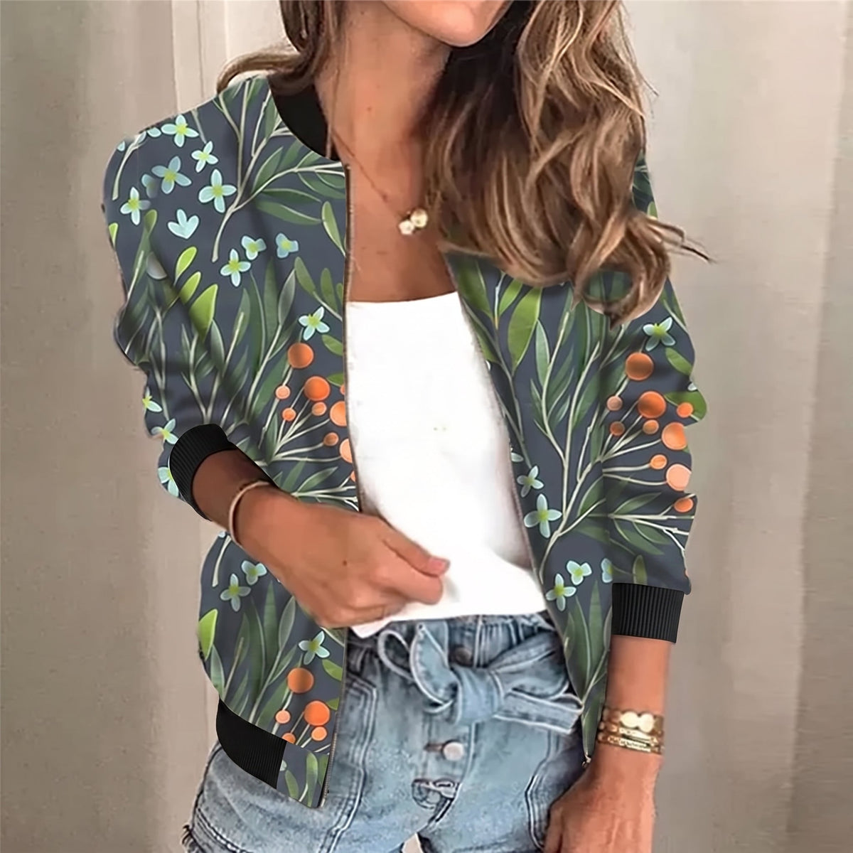 Charlotte - Women's Cropped Lightweight Printed Jacket - Jackets - Dark Grey - Davies & Cooper