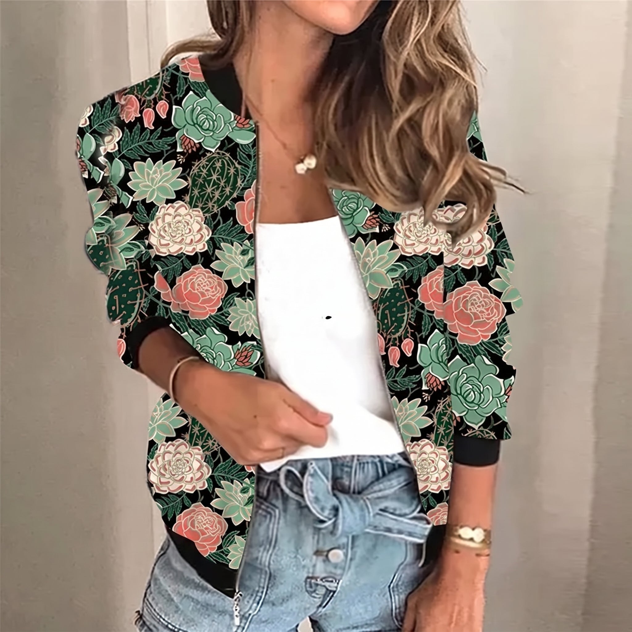 Charlotte - Women's Cropped Lightweight Printed Jacket - Jackets - Green - Davies & Cooper