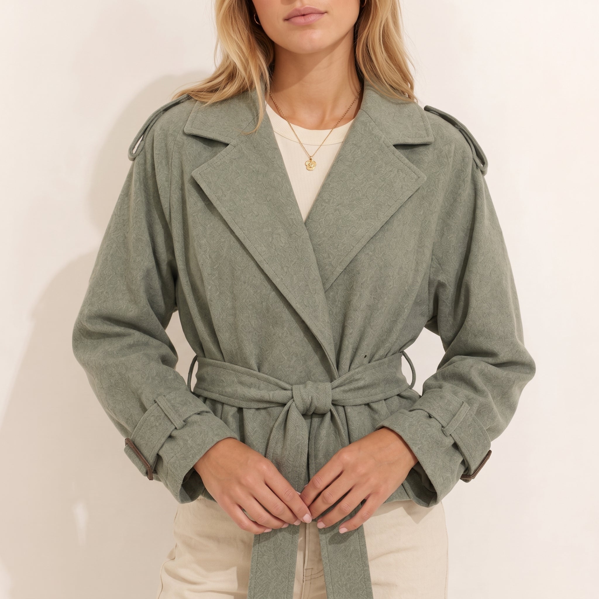 Charlotte - Women's Cropped Trench Coat with Belted Waist - Trench Coats - Green - Davies & Cooper