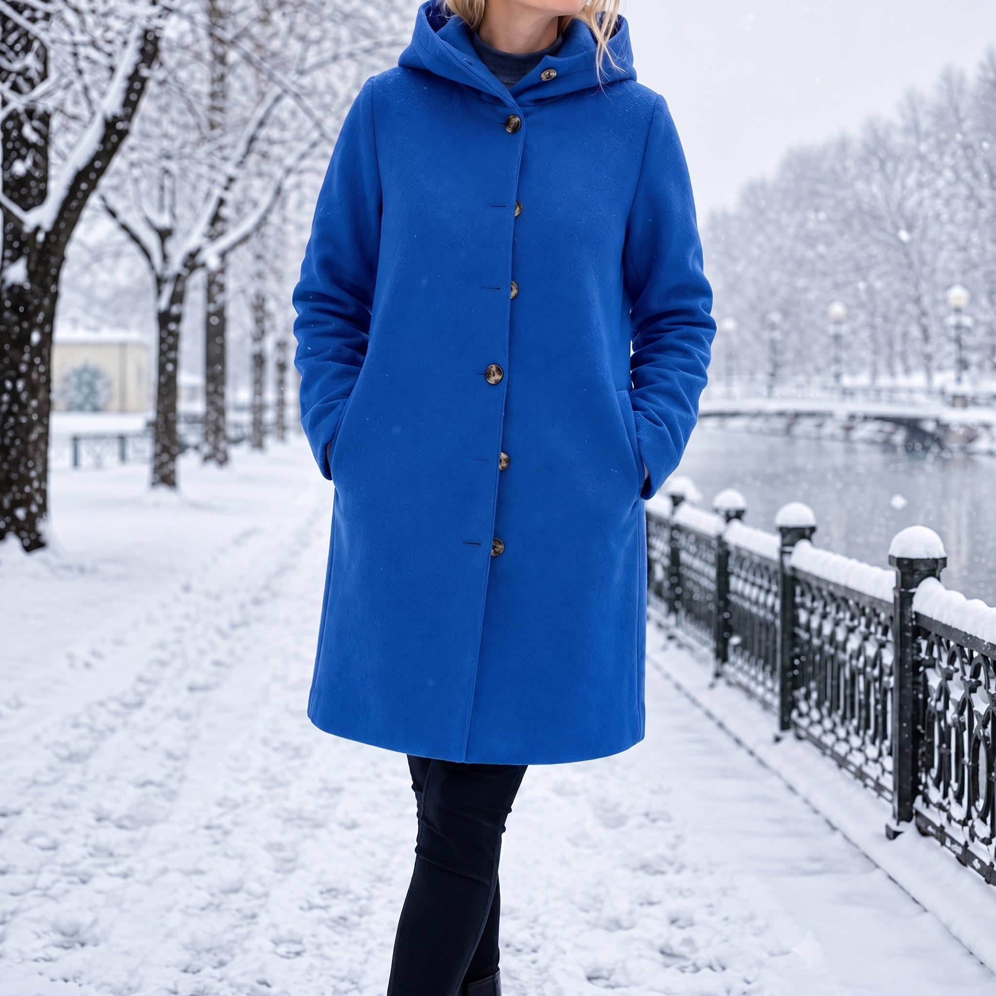 Charlotte - Women's Hooded Longline Coat with Button Placket - Blue - Davies & Cooper