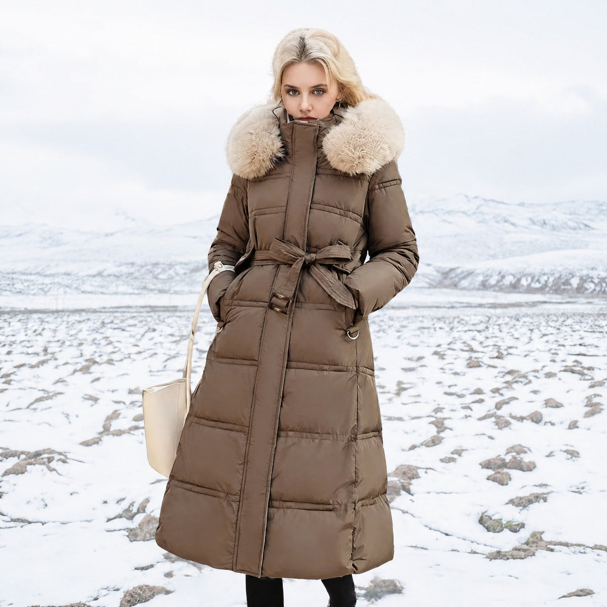 Charlotte - Women's Longline Belted Parka with Faux Fur Hood - Parkas - Brown - Davies & Cooper