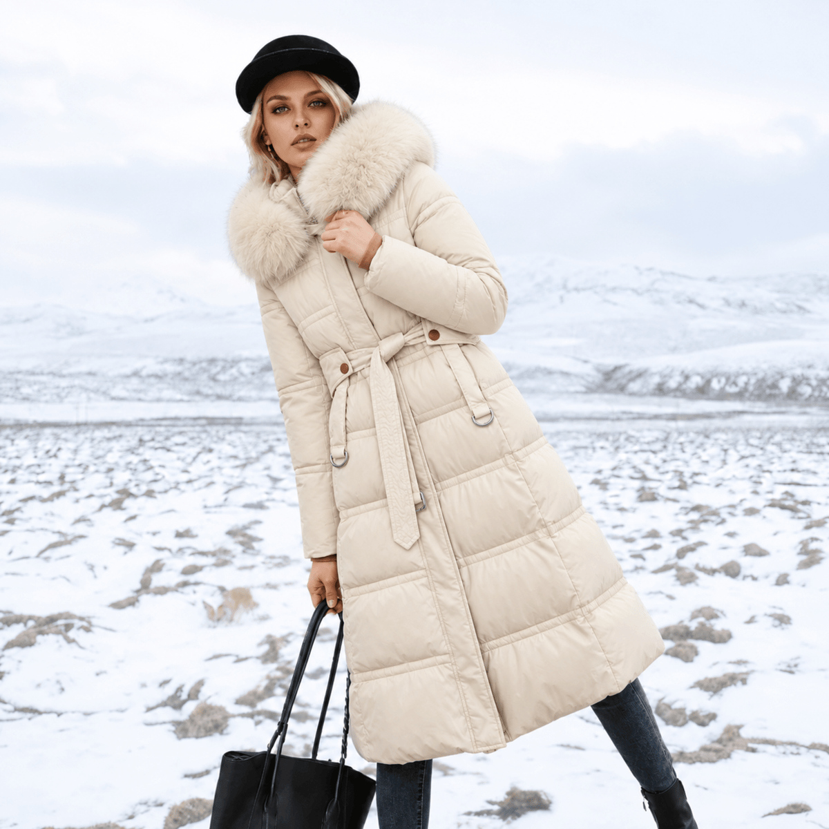 Charlotte - Women's Longline Belted Parka with Faux Fur Hood - Parkas - Beige - Davies & Cooper