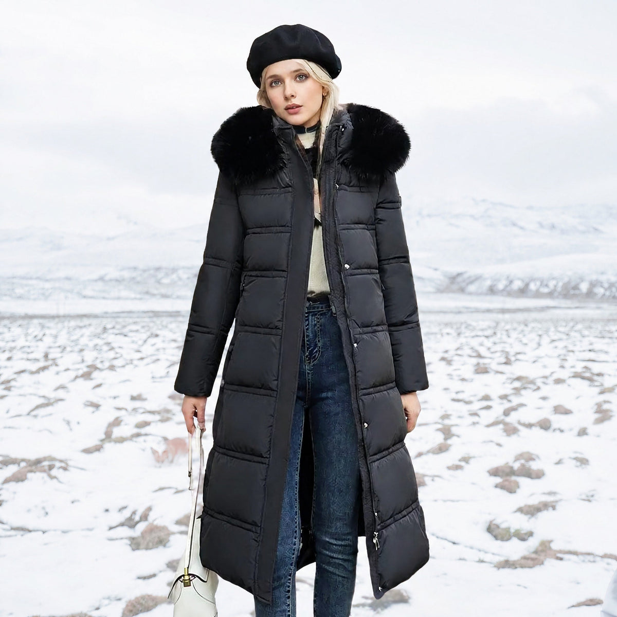 Charlotte - Women's Longline Belted Parka with Faux Fur Hood - Parkas - Black - Davies & Cooper