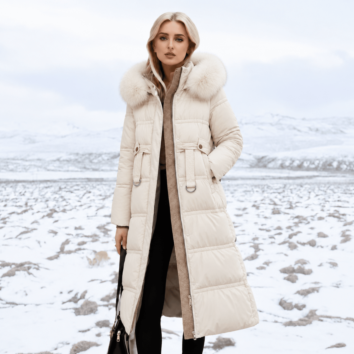 Charlotte - Women's Longline Belted Parka with Faux Fur Hood - Parkas - Beige - Davies & Cooper