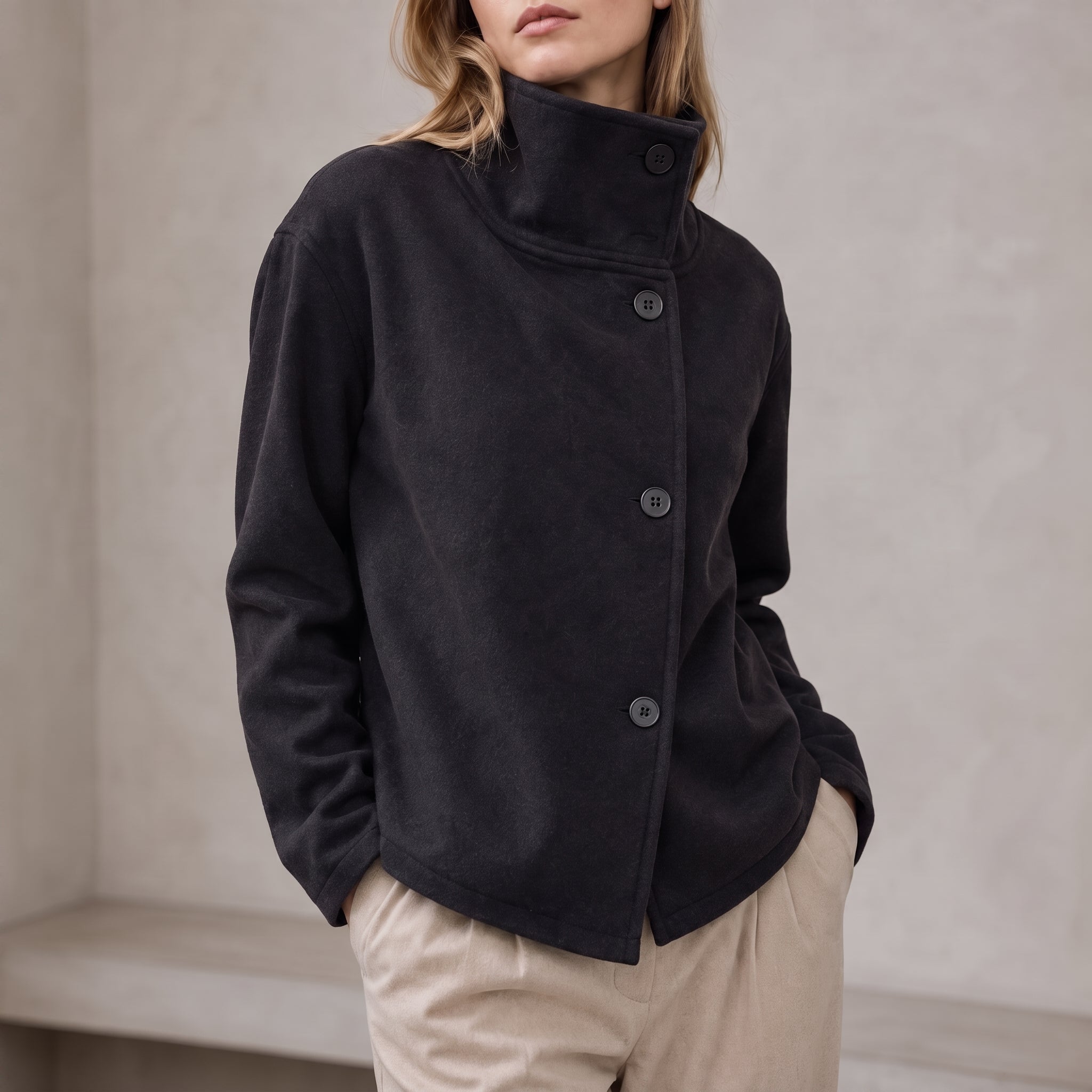 Charlotte - Women's Oversized Funnel Neck Coat - Overcoats - Black - Davies & Cooper