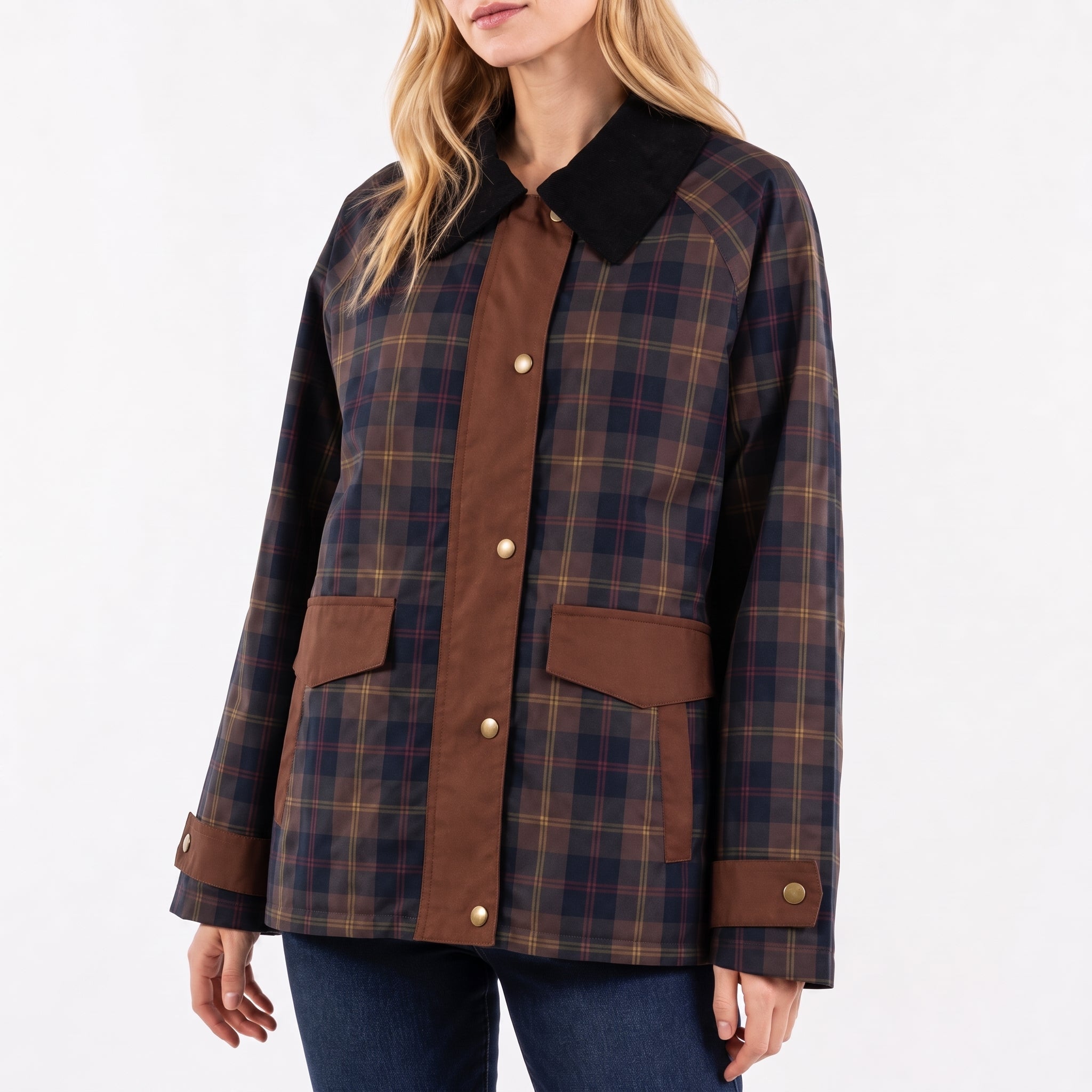 Charlotte - Women's Plaid Transitional Jacket with Contrast Collar Trim - Wrap Coat - Brown - Davies & Cooper