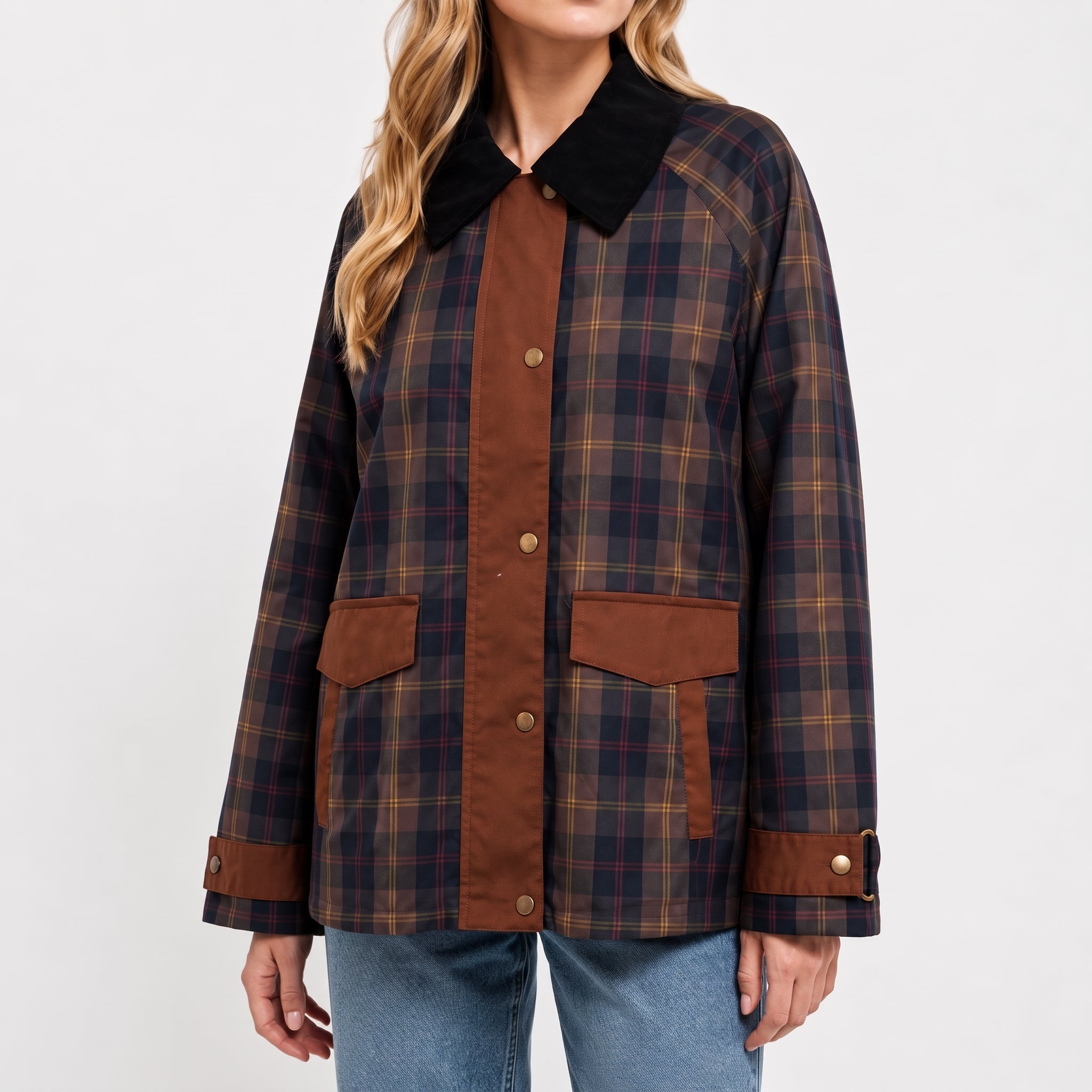 Charlotte - Women's Plaid Transitional Jacket with Contrast Collar Trim - Wrap Coat - Brown - Davies & Cooper