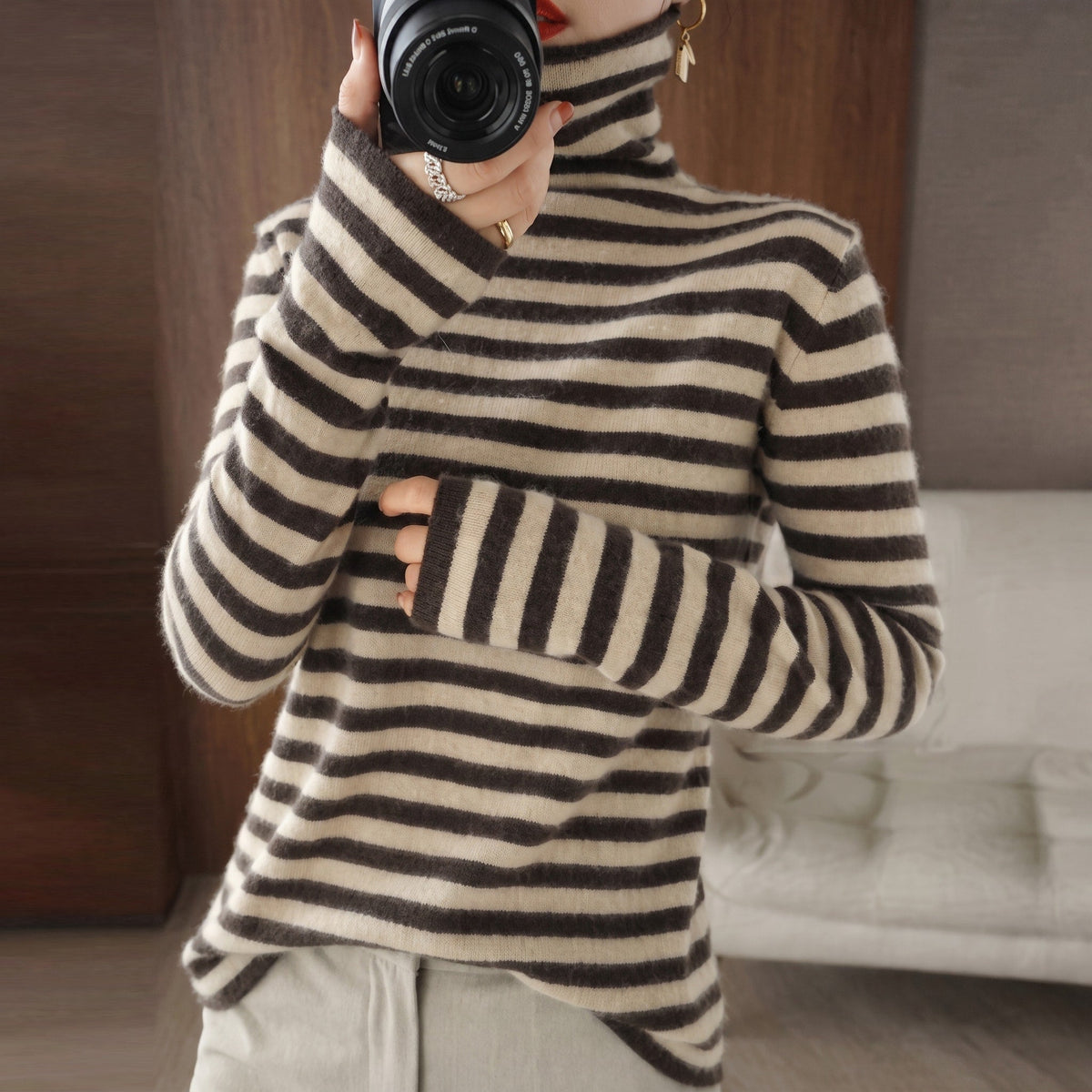 Charlotte - Women's Striped Turtleneck Knit Top with Long Sleeves - Sweaters - Brown - Davies & Cooper