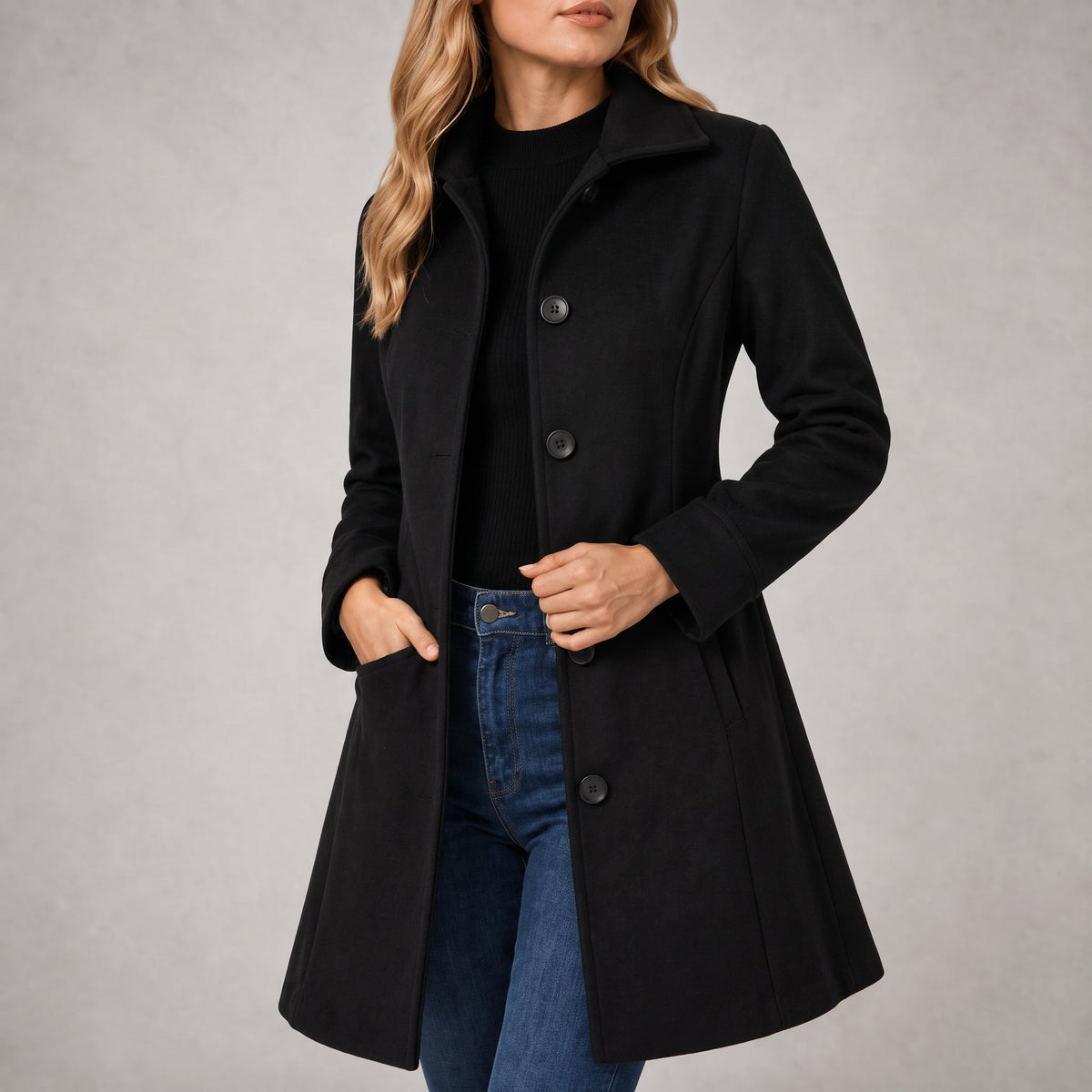 Charlotte - Women's Tailored Single-Breasted Midi Coat with Collar - Overcoats - Black - Davies & Cooper