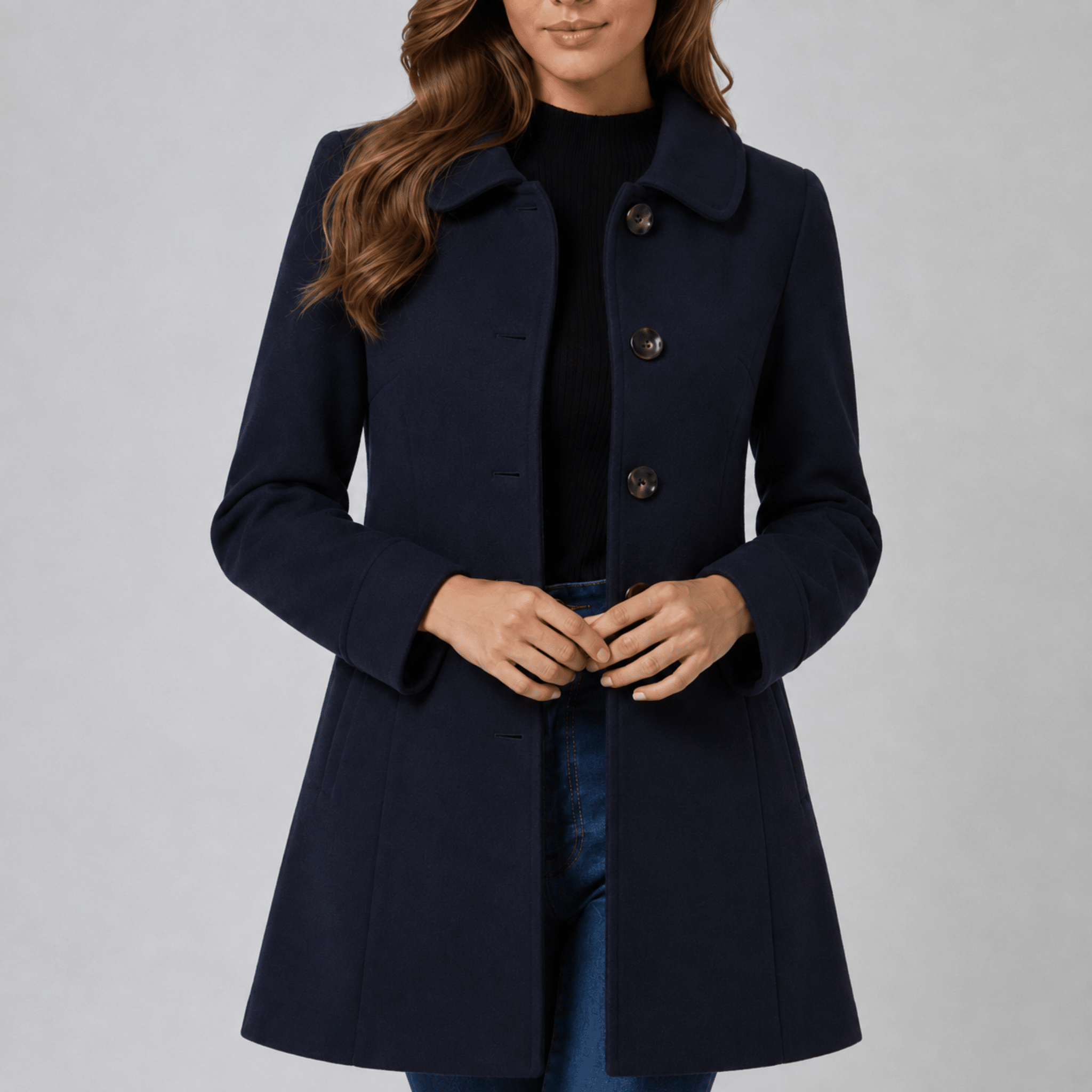 Charlotte - Women's Tailored Single-Breasted Midi Coat with Collar - Overcoats - Navy Blue - Davies & Cooper