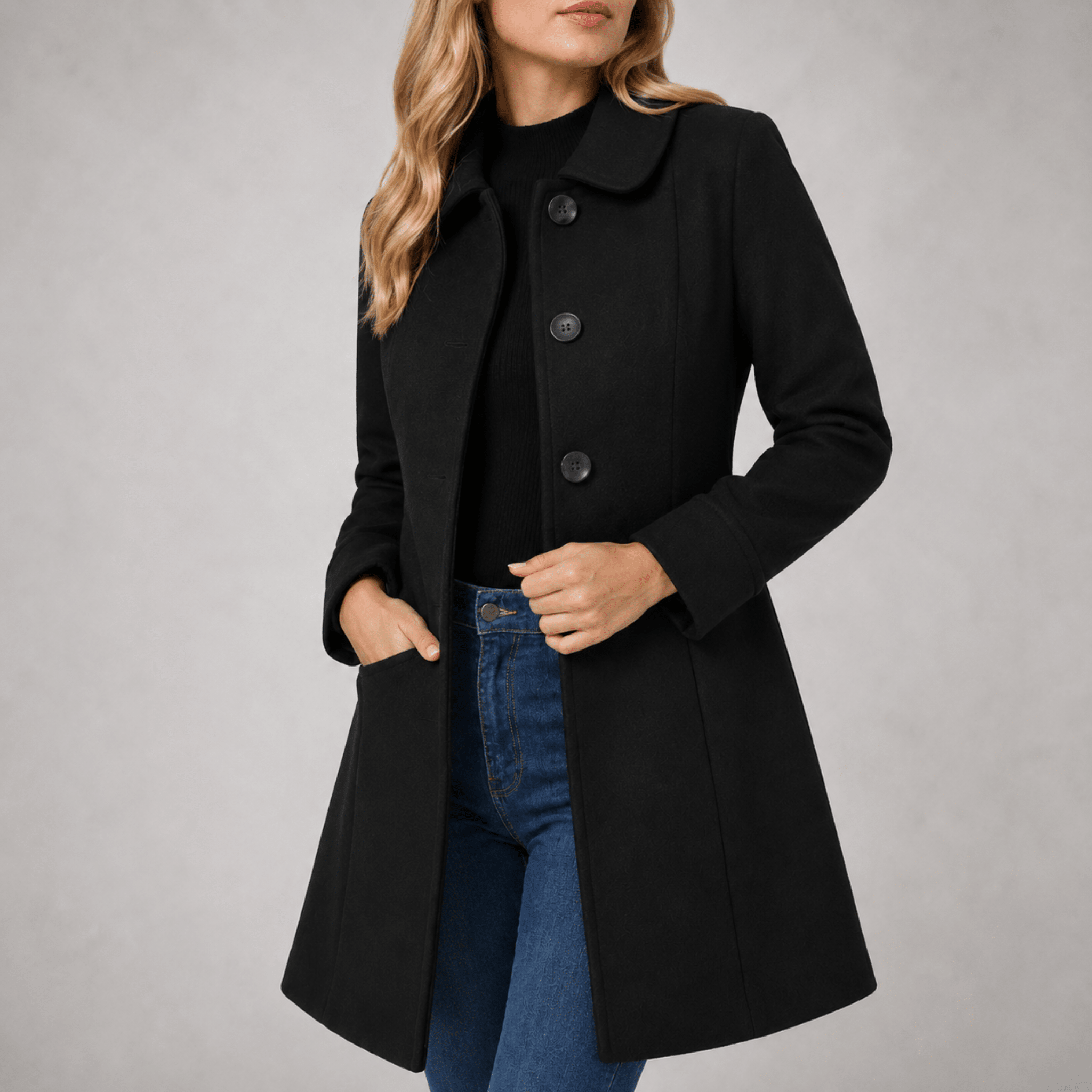 Charlotte - Women's Tailored Single-Breasted Midi Coat with Collar - Overcoats - Black - Davies & Cooper