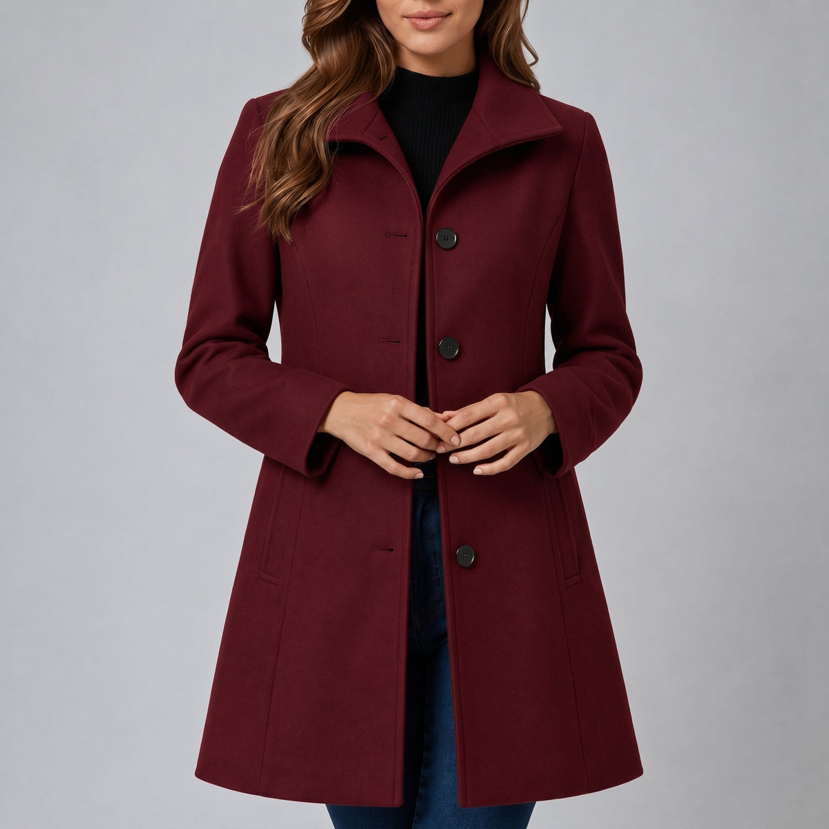 Charlotte - Women's Tailored Single-Breasted Midi Coat with Collar - Overcoats - Burgundy - Davies & Cooper