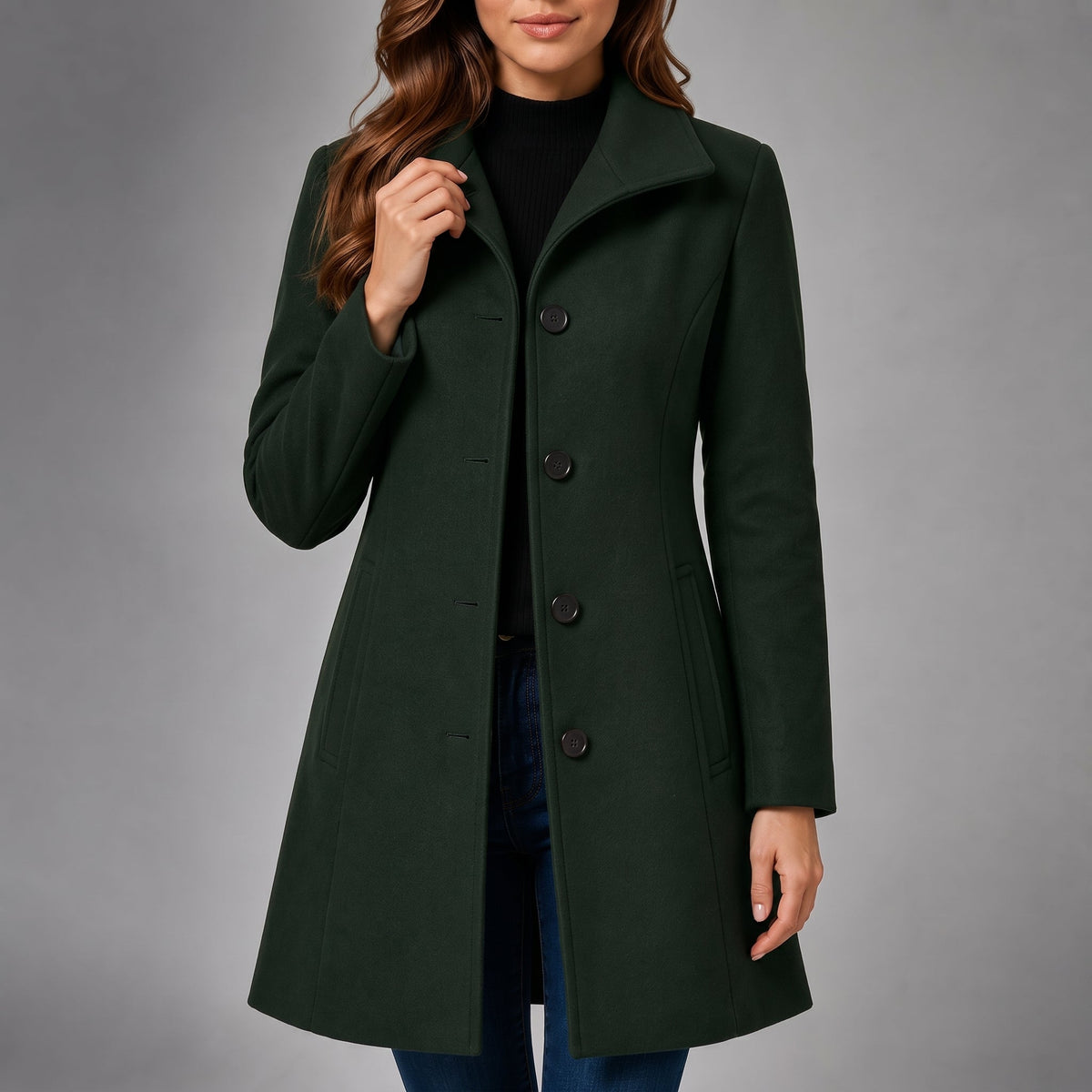 Charlotte - Women's Tailored Single-Breasted Midi Coat with Collar - Overcoats - Dark Green - Davies & Cooper