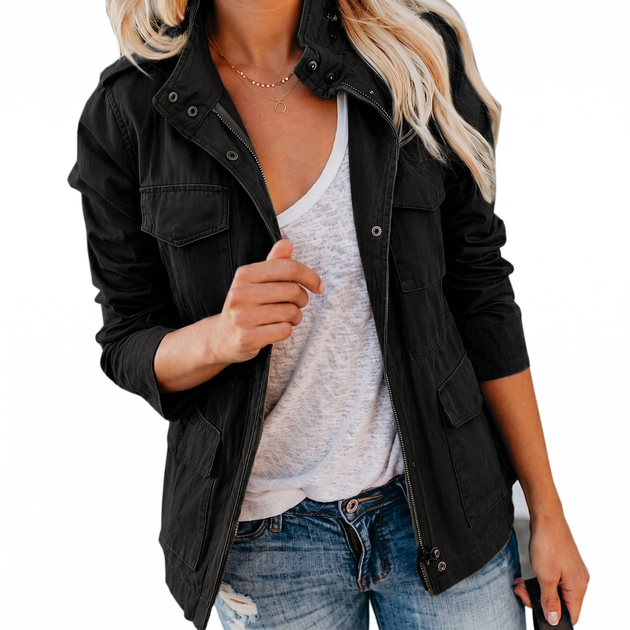 Charlotte - Women's Utility Jacket with Chest Pockets - Jackets - Black - Davies & Cooper