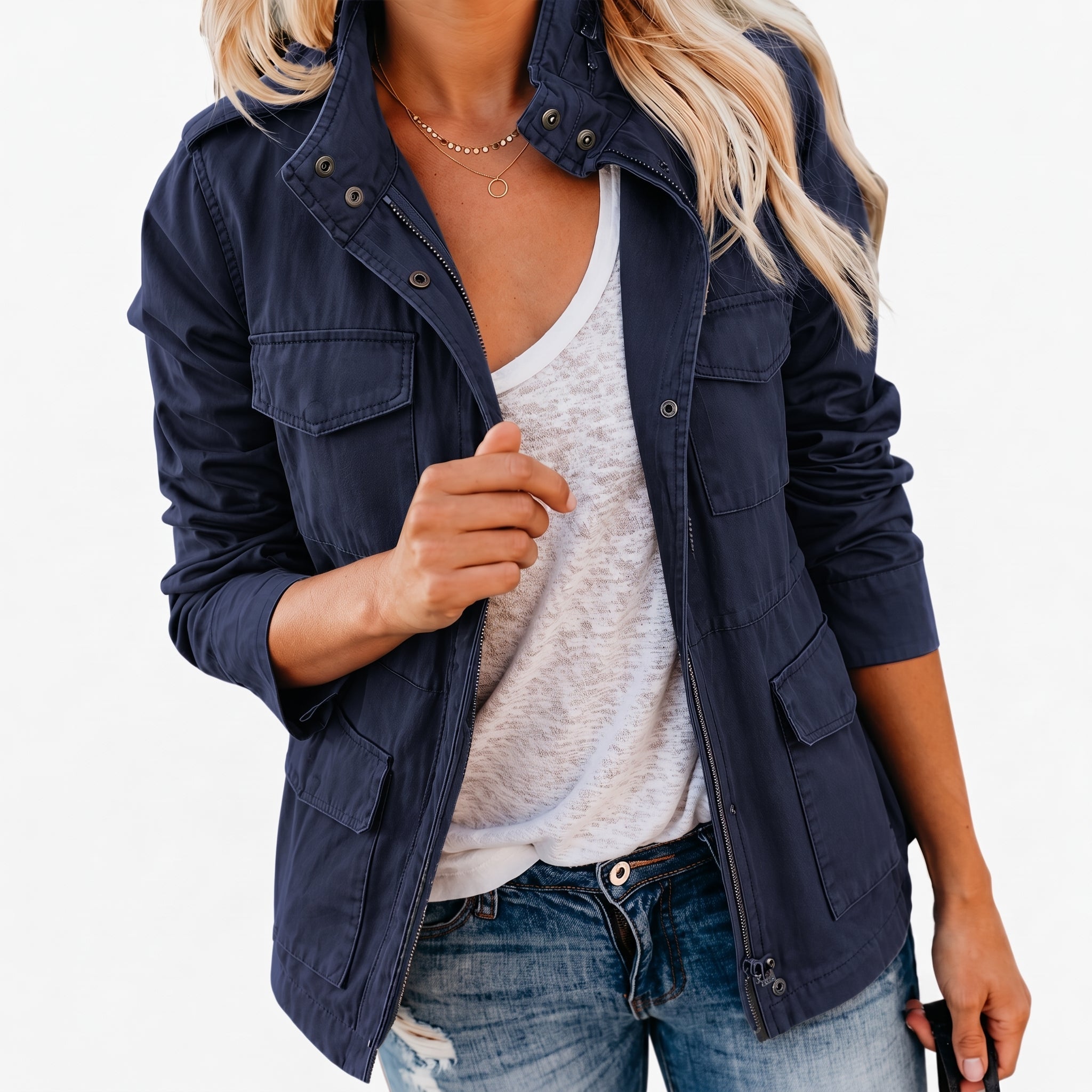 Charlotte - Women's Utility Jacket with Chest Pockets - Jackets - Blue - Davies & Cooper